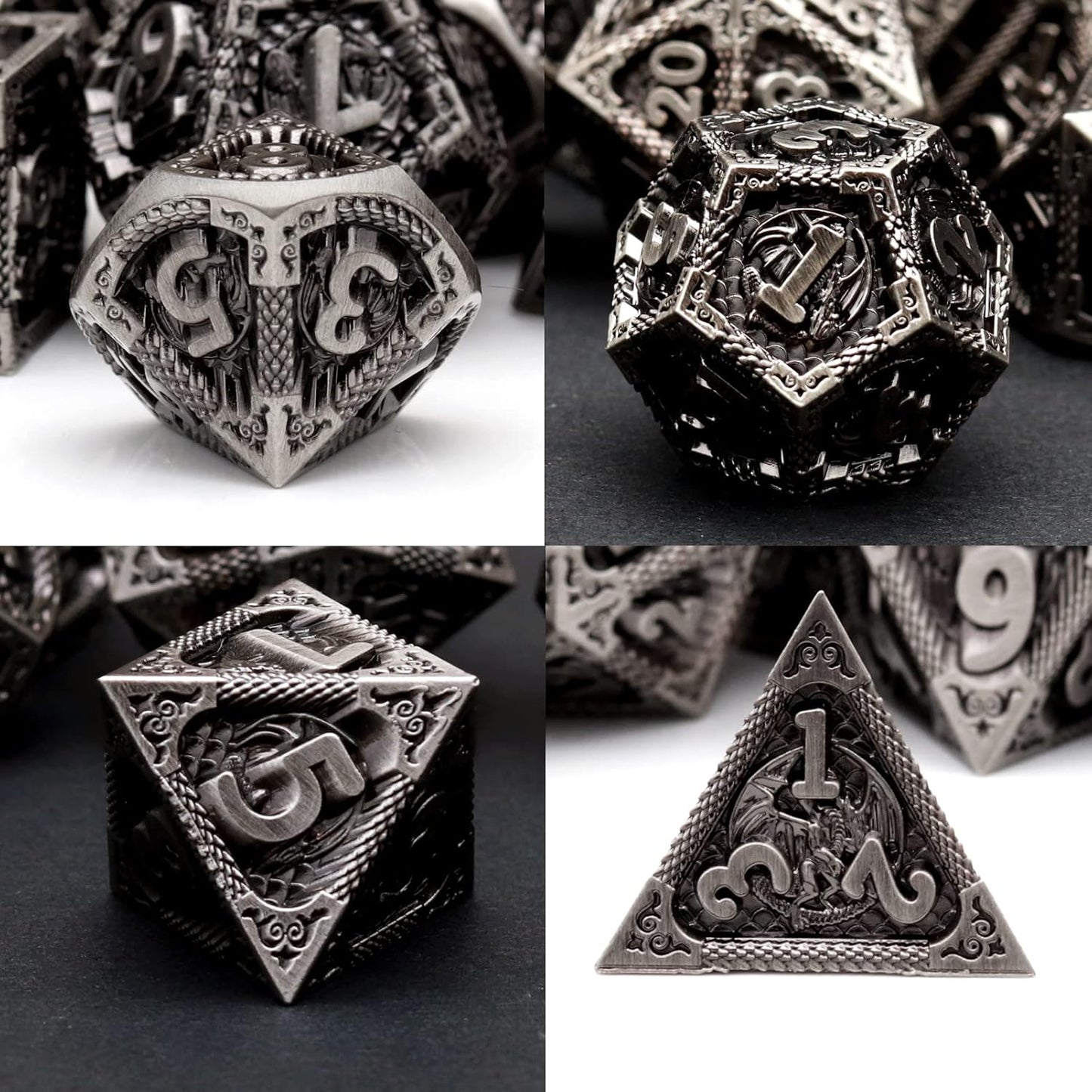 PJOY Metal DND Dice Set Antique Silver Dragon Scale D&D Polyhedral Dice with Dice Case for Dungeons and Dragons TTRPG Gifts