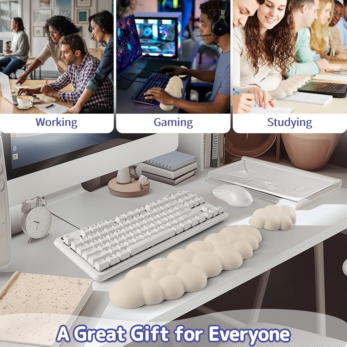 Cloud Wrist Rest Keyboard, Cloud Keyboard Wrist Pad Set with PU Leather Memory Foam, Cute Arm Rest for Palm Support, PC/Gaming Desk Accessories/Office Setup/Computer Hand Cushion - Beige