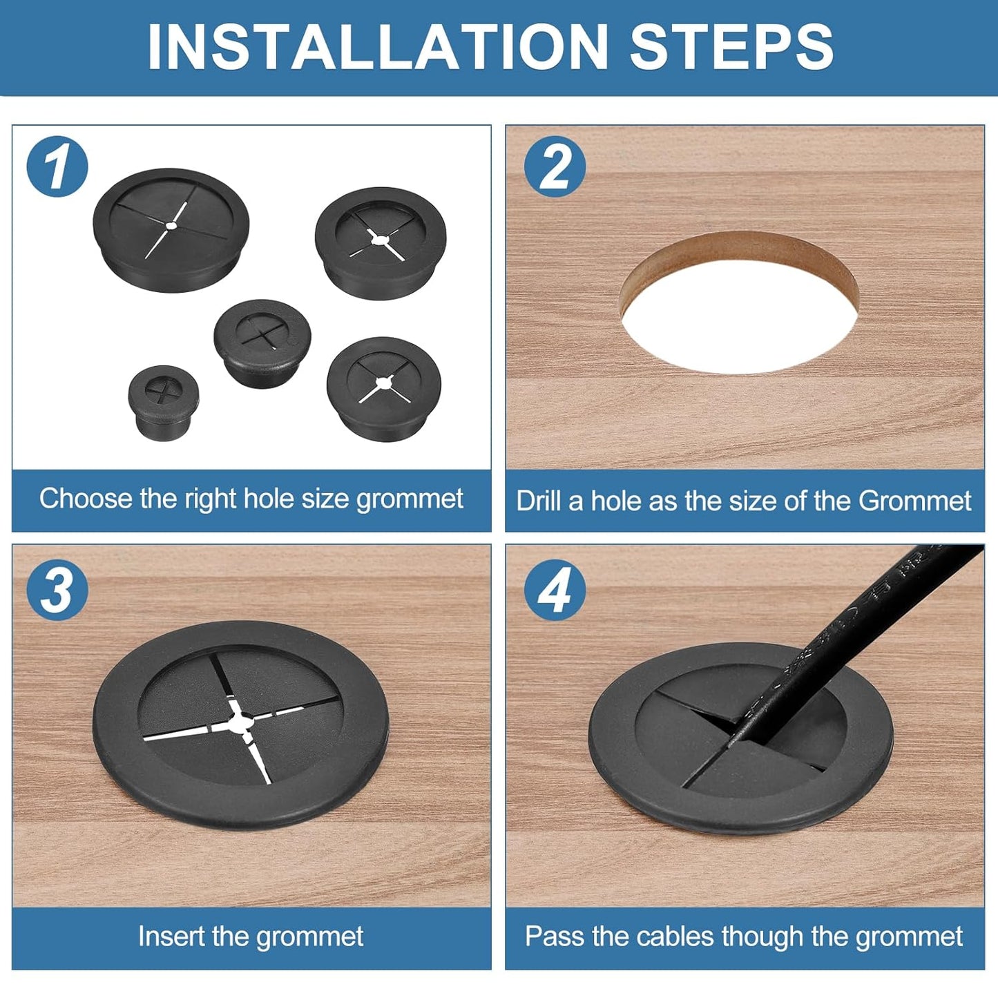 uxcell 4Pcs Cable Cord Grommet, 9/16"(14mm) Rubber Desk Grommets Wire Pass Through Hole Cover with Marked Cable Ties for Home Office Cable Wire Protection, Black