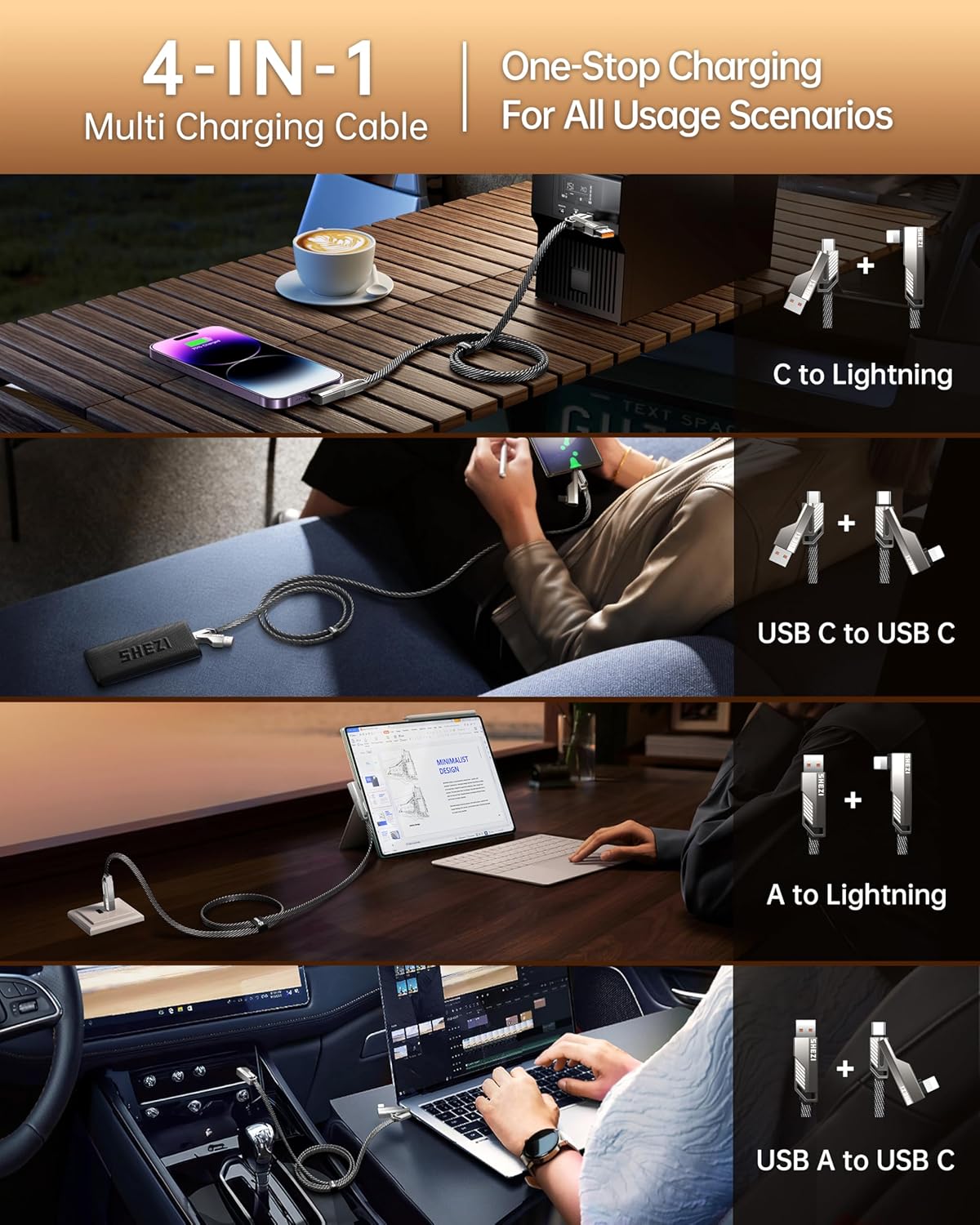 SHEZI 4-in-1 [Upgraded] USB C Cable 10FT Compatible with Lightning Cable 90 Degree, Long Fast Charging Flat Nylon Braided for iPhone 16/15 Charger Cord, Multi Charging Combo with L/USB C/USB A Ports