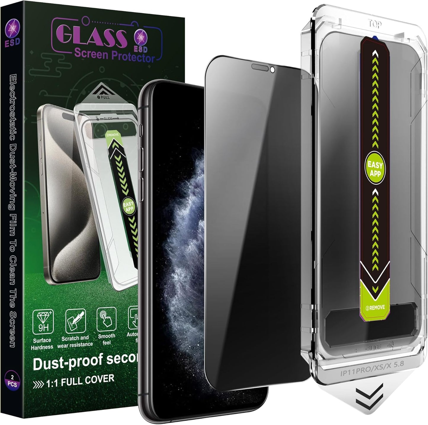 (2-Pack Anti-Spy Privacy Screen Protector for iPhone X/XS/11 Pro(5.8-Inch),9H Tempered Glass,Full Coverage,Anti-Fingerprint,Auto Dust Removal,Bubble-Free,Easy Installation