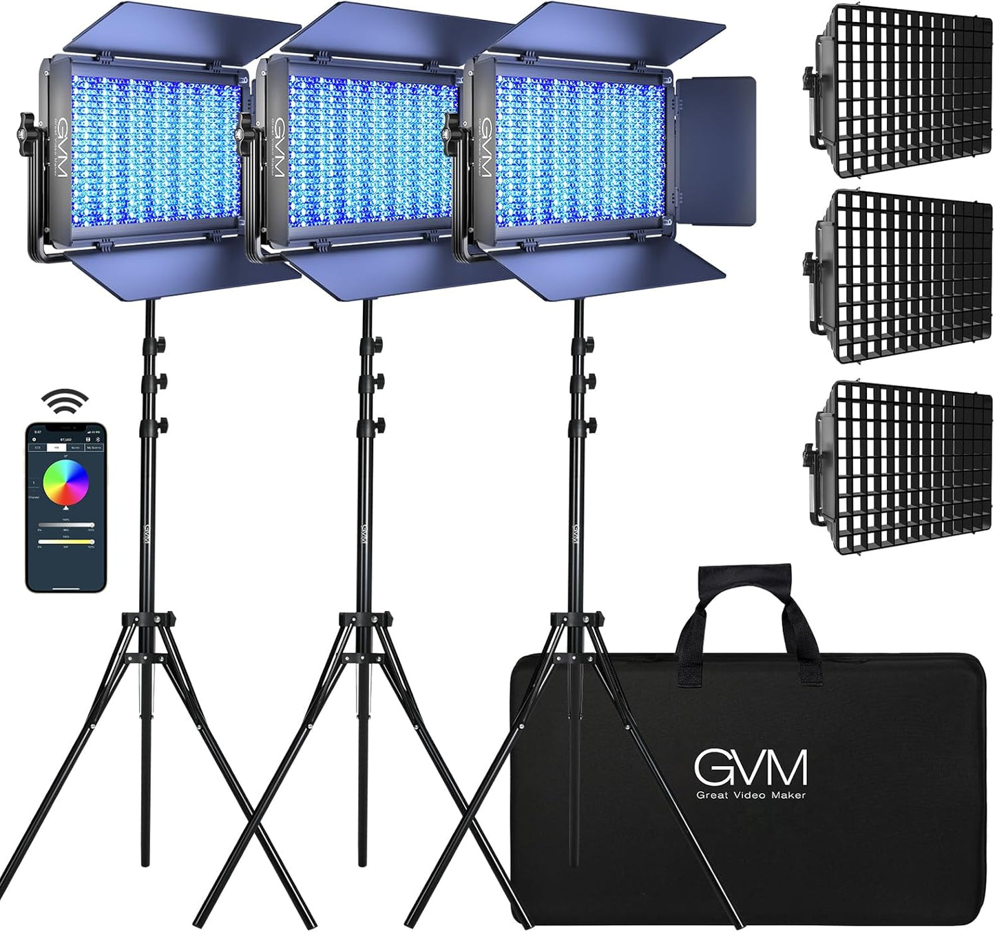 GVM 1500D RGB LED Video Light with Softbox, 75W Video Lighting Kit with Bluetooth Control, 3 Packs Led Panel Light for Photography, YouTube Studio, Broadcasting, 18 Kinds Lighting Scene