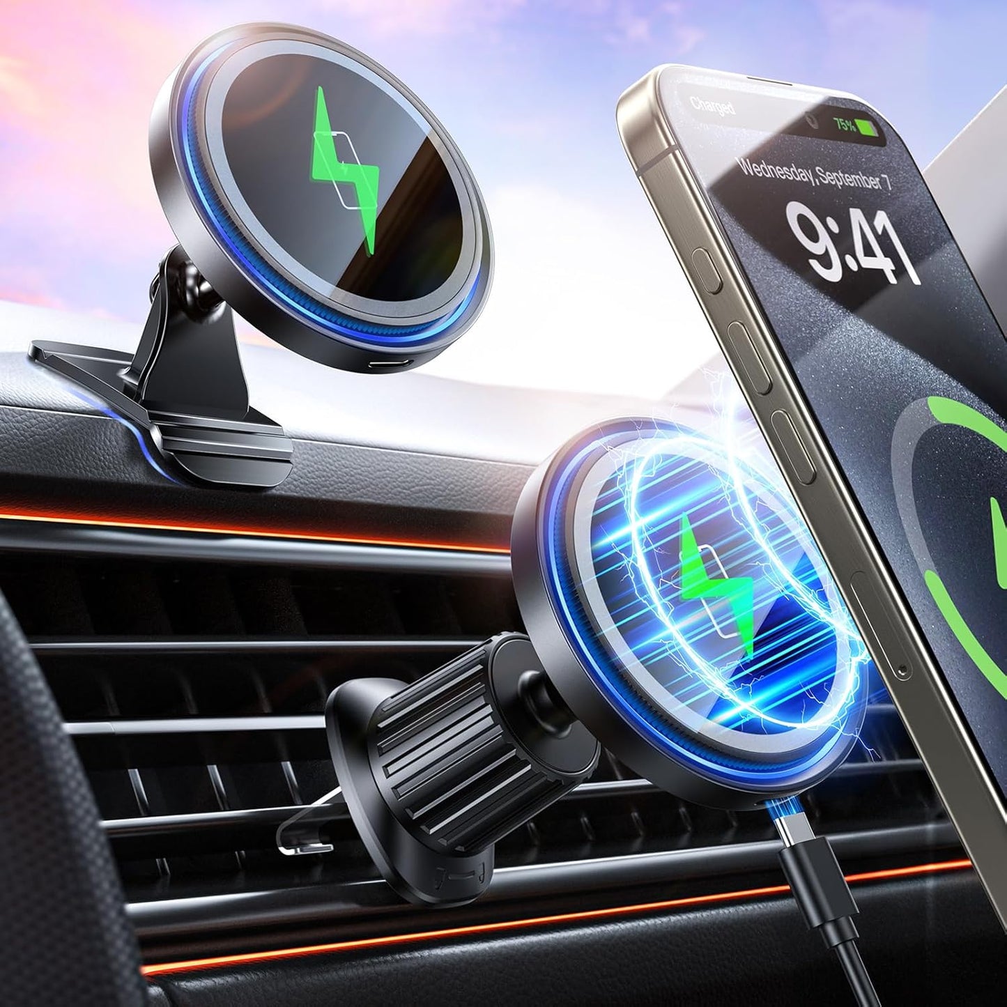 Mag-Safe Car Mount Charger 15W Magnetic Wireless Car Charger for iPhone 16 Accessories Magnetic Phone Holder for Car 3 in 1 Mag Safe car Mount for iPhone16/15/14/13/12 Series Gifts for Men Women