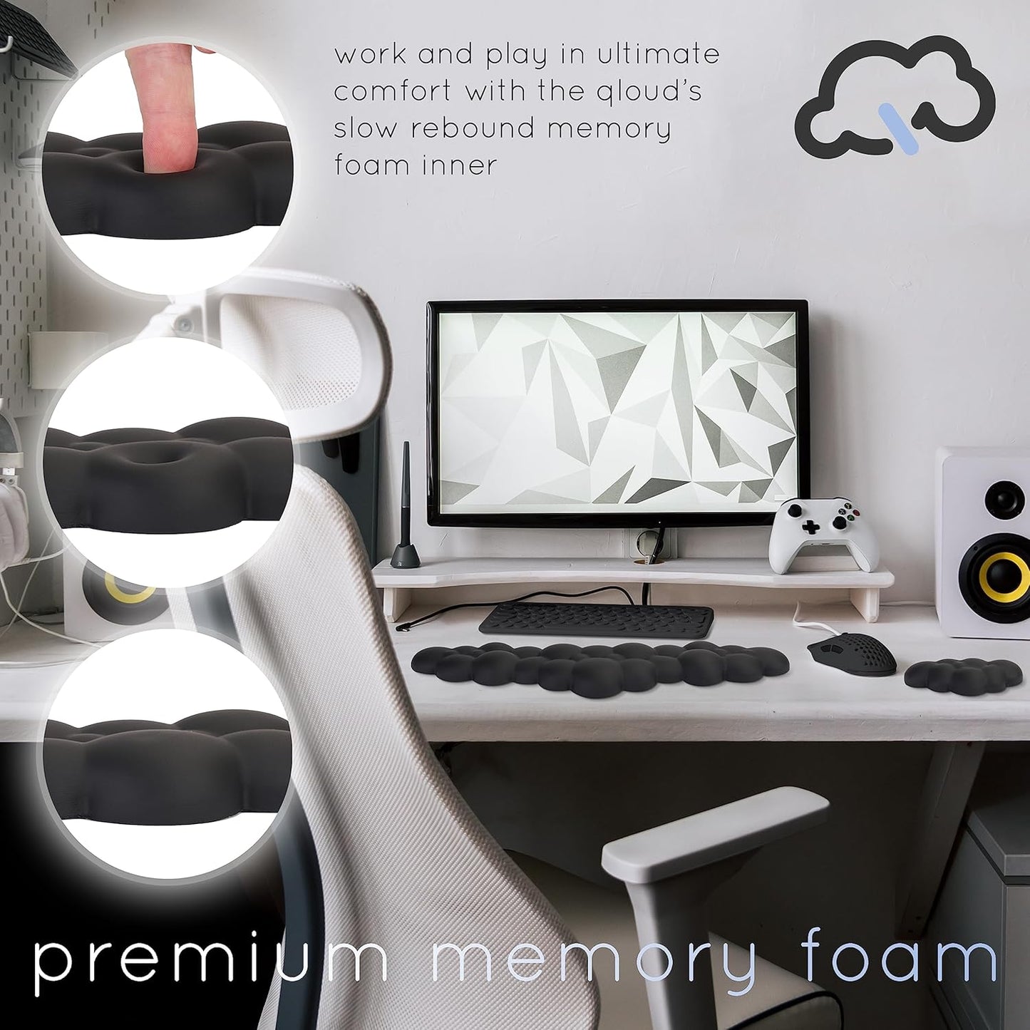 Qloud Cloud Wrist Rest Keyboard Wrist Rest for Computer Keyboard Pad, Cloud Keyboard Wrist Rest, Wrist Pad for Keyboard, Memory Foam, Non Slip Base, Comes with Mouse Pad - Matte Black