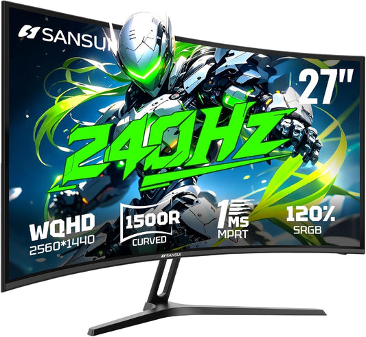 SANSUI 27 Inch Curved 240Hz Gaming Monitor, 2K WQHD 1500R Curved Computer Monitor, 120% sRGB, MPRT 1ms, Freesync, HDR, VESA(100 * 100mm),HDMI*2, DP1.4 * 2(DP Cable Included)