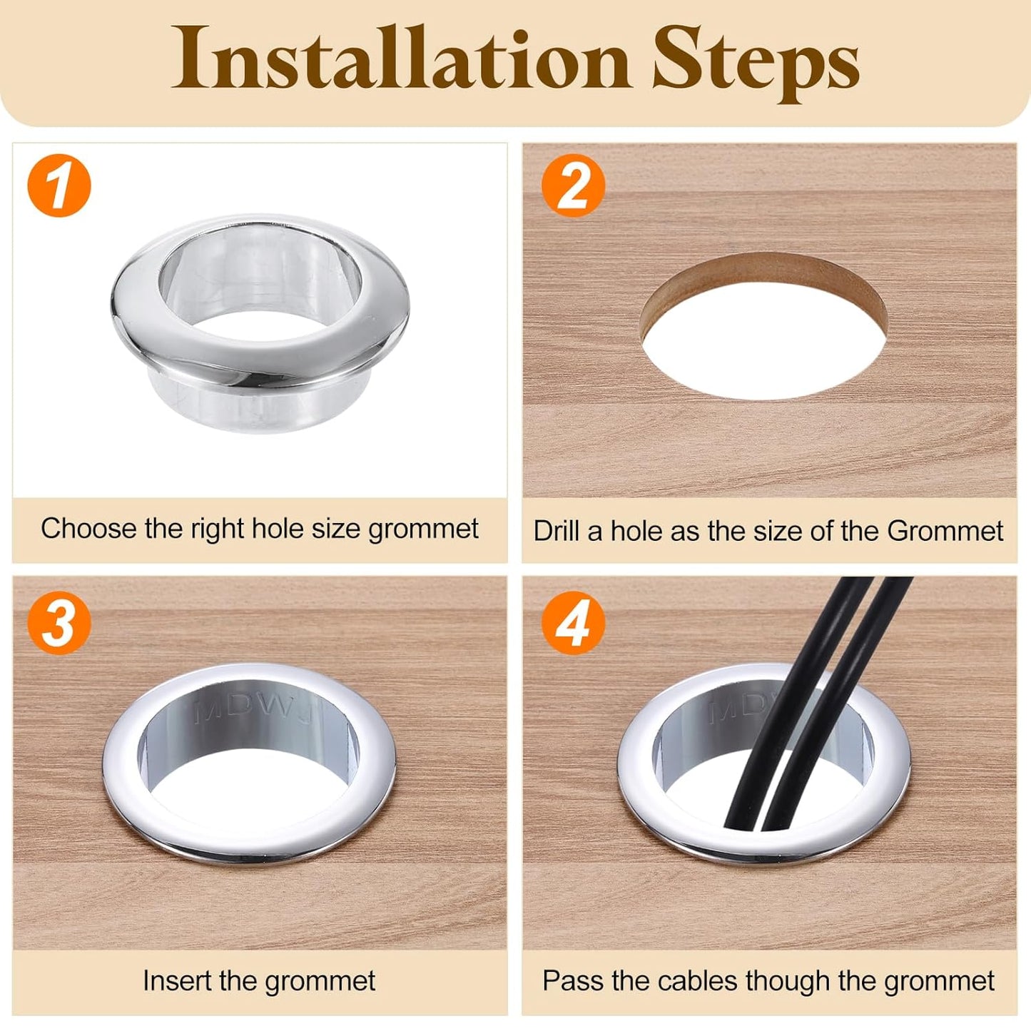 uxcell Desk Grommet, 11/16" (18mm) Zinc Alloy Cable Hole Cover Wire Cord Organizer with Marked Cable Ties for Home Office Desktop Wire, Silver Tone