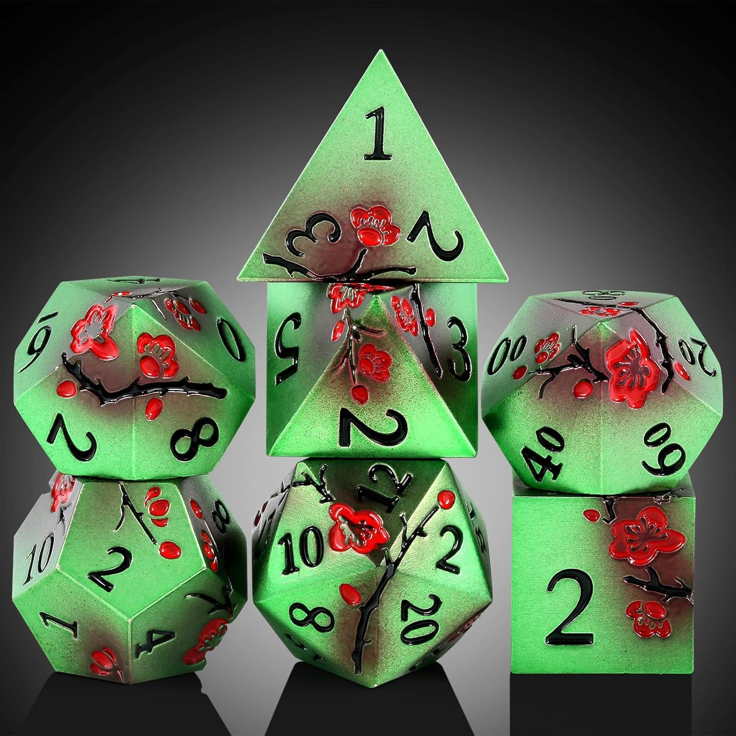Metal Dice Set D&D, DNDND 7 PCS Metallic Flowers DND Dice with Gorgeous Gift Case for D&D Dungeons and Dragon Tabletop Game (Green and Red)