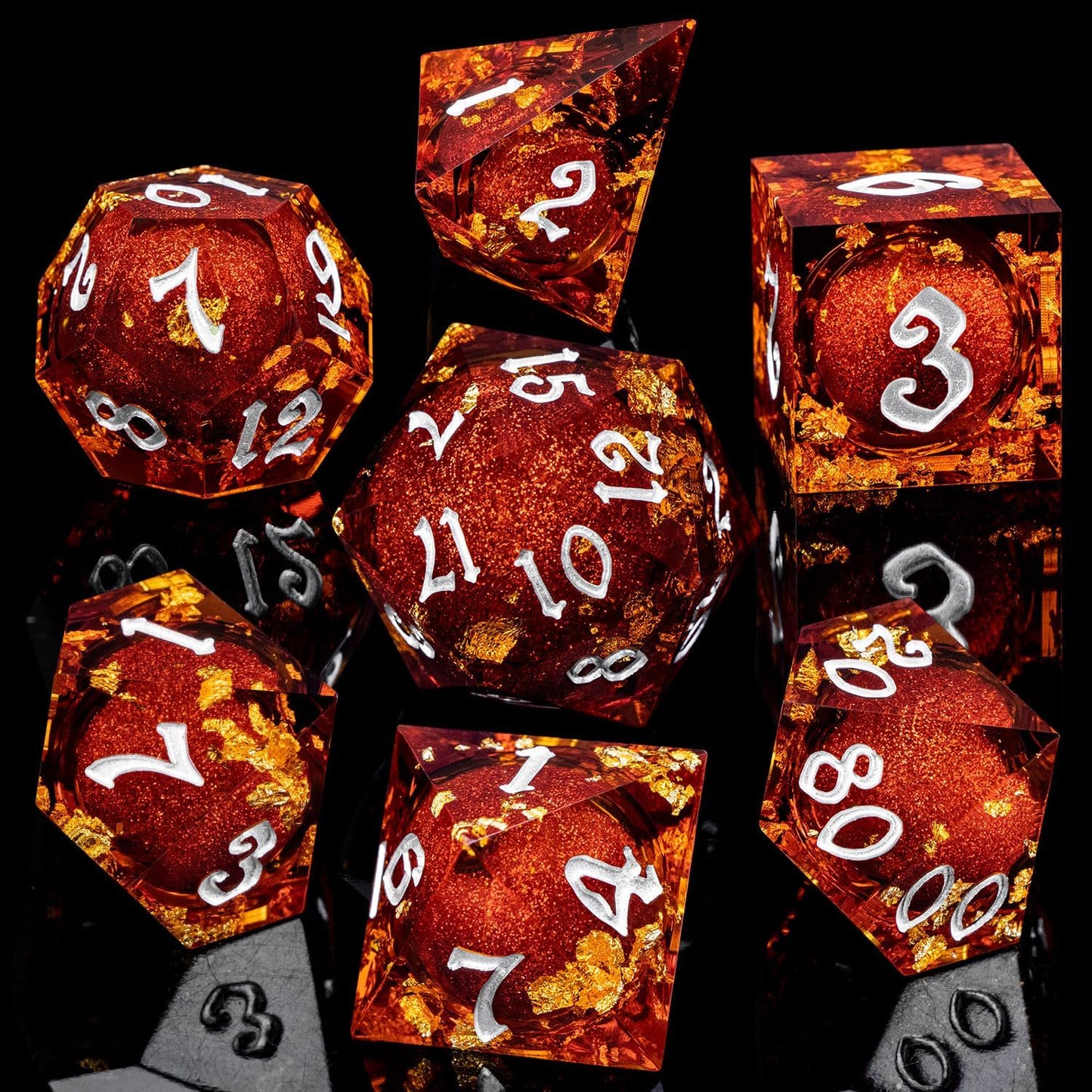 ARUOHHA Liquid Core DND Dice Set, 7pcs Resin Sharp Edged Dragons Dice Role Playing Games, RPG Silver Numbers Red Dungeons Polyhedral Dice with Gift Box D20 D12 D10 D8 D6 D4