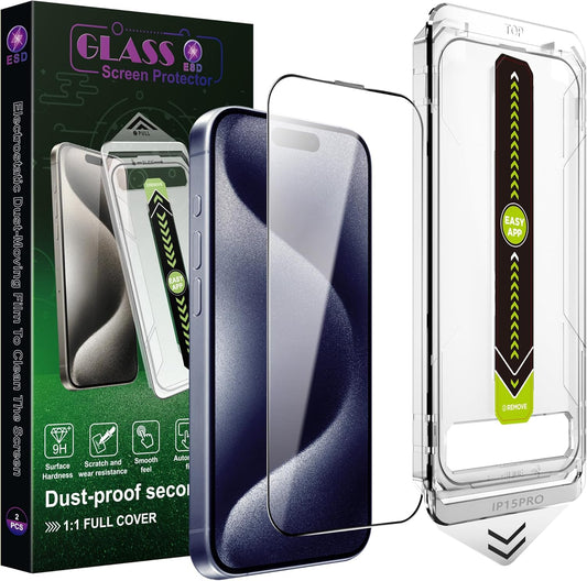 [2-Pack Ultra HD Clear Screen Protector for iPhone 15 Pro (6.1-Inch),9H Tempered Glass,Full Coverage,Anti-Fingerprint,Auto Dust Removal,Bubble-Free,Easy Installation