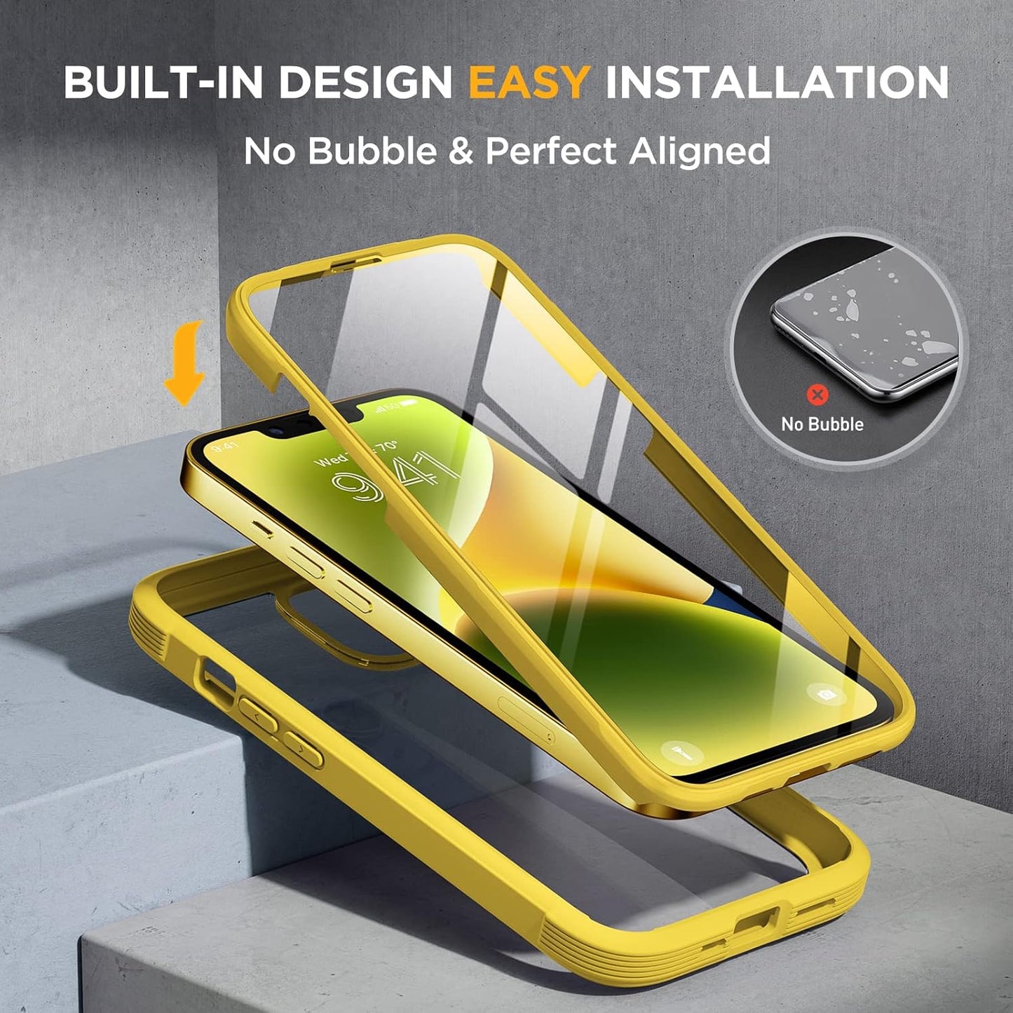 Miracase Glass Series for iPhone 14 Case 6.1 inch, [Built-in Tempered Glass Screen Protector] [Bubble Free] Full-Body Protective Bumper Phone Case with Camera Lens Protector, Lemon