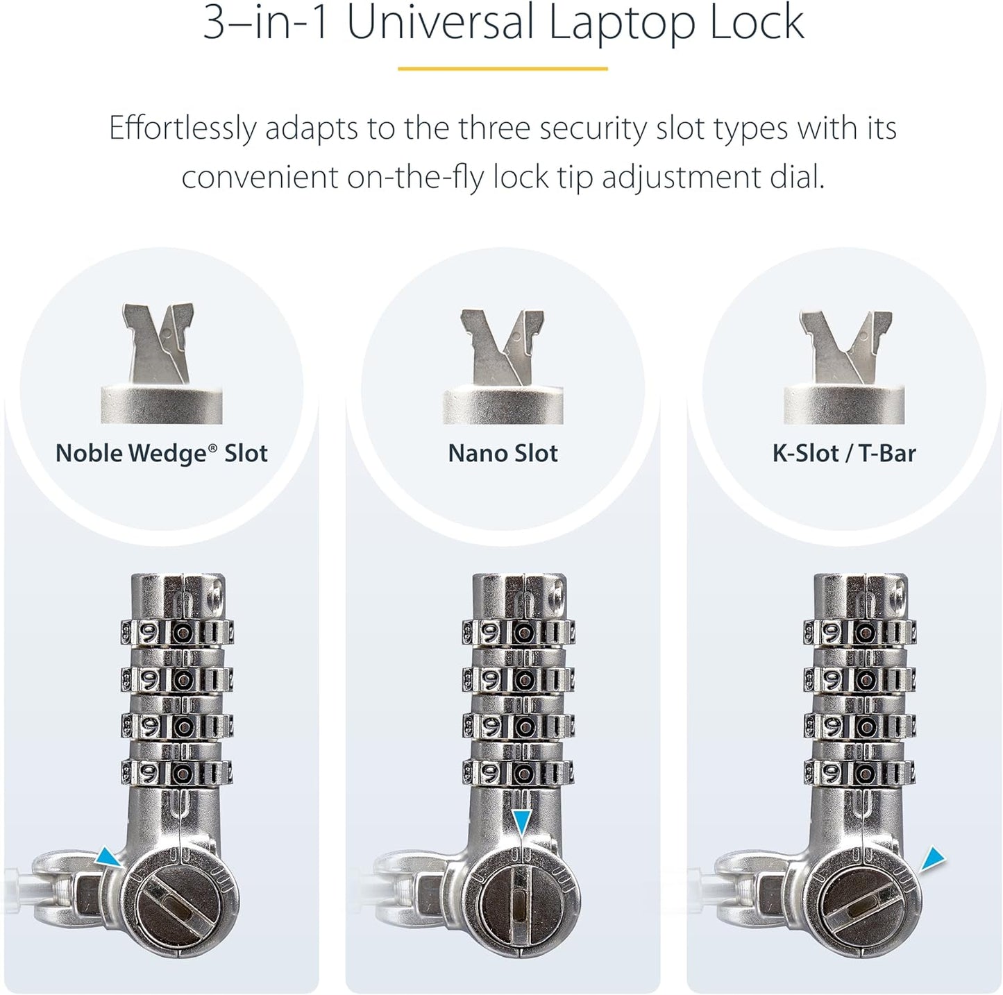 StarTech.com Universal Laptop Lock 6.6ft (2m), Security Cable for Notebooks Compatible with Noble Wedge/Nano/K-Slot, Keyless Combination Locking Cable, Cut-Resistant Cable, TAA (UNIVC4D-LAPTOP-LOCK)