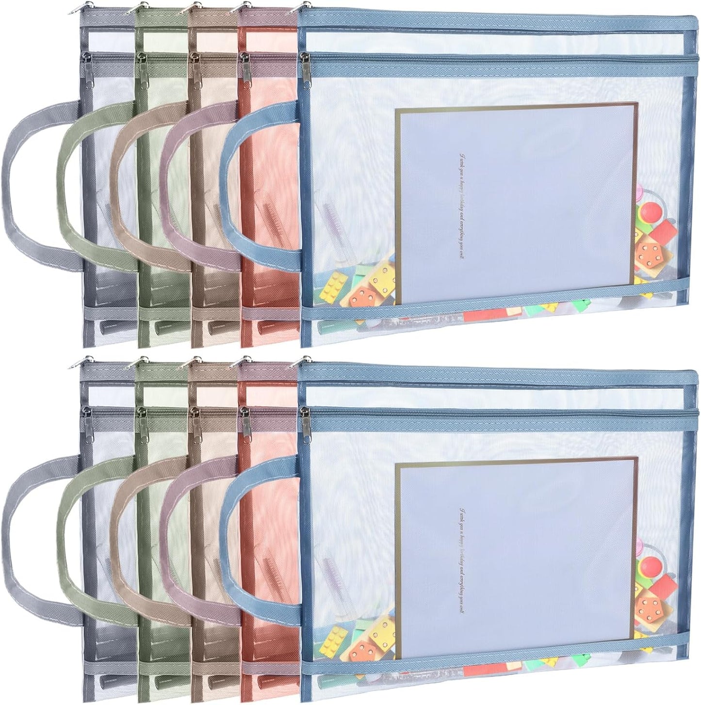 10 Pack Colored Mesh Zipper Pouch Bags, Double-Layer Nylon Puzzle Building Block Sets Toy Storage & Organization, Breathable See Through A4 Zipper Pouch with Handle for School Office Games