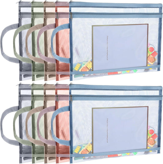 10 Pack Colored Mesh Zipper Pouch Bags, Double-Layer Nylon Puzzle Building Block Sets Toy Storage & Organization, Breathable See Through A4 Zipper Pouch with Handle for School Office Games