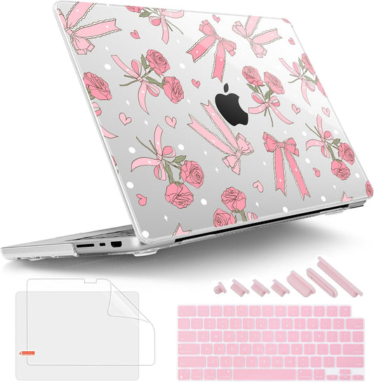 Tuiklol for MacBook Pro 14 Inch Case 2024-2021 Release M4 A3112 A3401 A3185/M3 A2918 A2992/M2 A2779/M1 A2442 Pro/Max,Hard Shell Case with Screen Protector for Touch ID,Bow & Rose-White