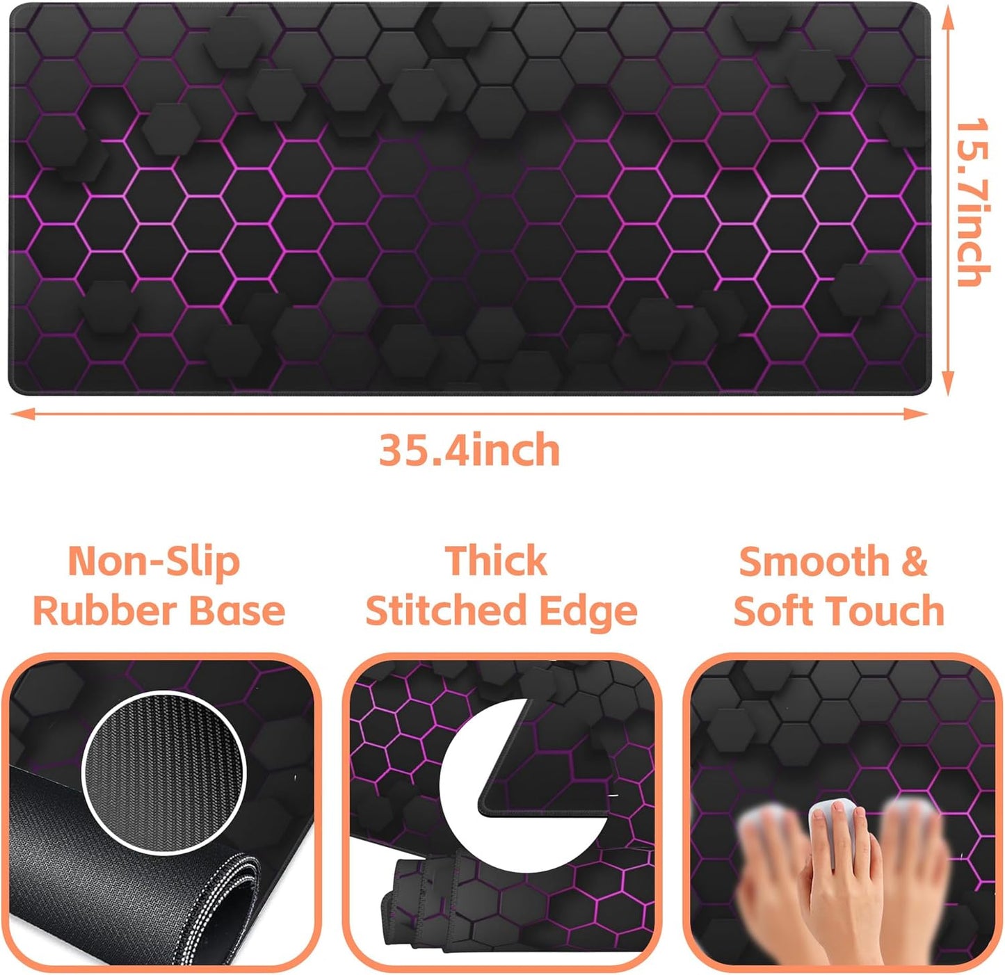 Mouse Pad Large Electric Glow Hexagonal Non-Slip Gaming Desk Mat with Stitched Edge Laptop Keyboard Desk Pad for Work Home Gaming (35.4 x 15.7 Inches)