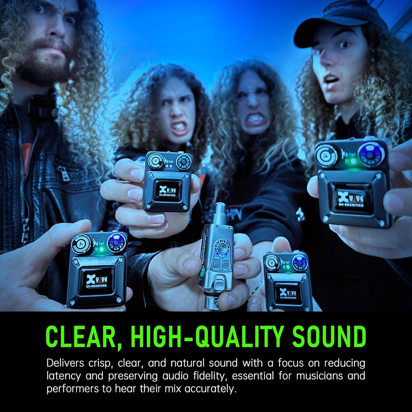 Xvive U4R4 Wireless in-Ear Monitor System Professional IEM System,1 Transmitter and 4 Beltpack Receiver for Studio, Band Rehearsal,Live Performance(U4R4)