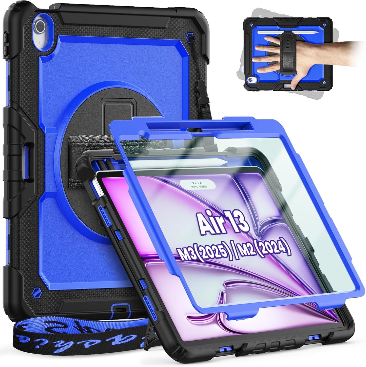 timecity for iPad Air 13 Inch Case M3 2025/ M2 2024, 360° Rotating Stand, Pencil Holder & Wireless Charging, Shockproof with Screen Protector & Shoulder Strap for Designers & Professionals, Dark Blue