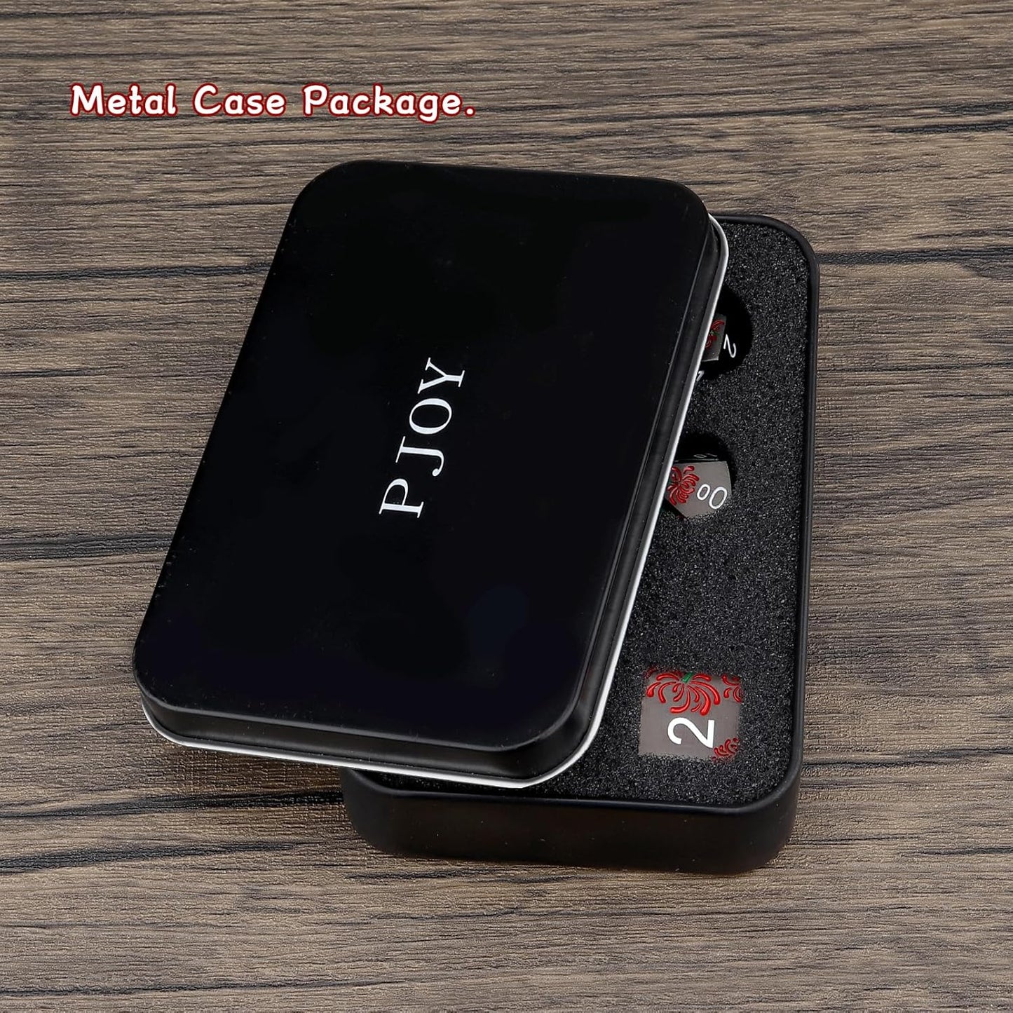 PJOY Metal Dice Set D&D Flower Dice Set DND Polyhedral Dice for RPG Role Playing Games Compatible with Dungeons and Dragons TTRPG Black Red White DND Dice