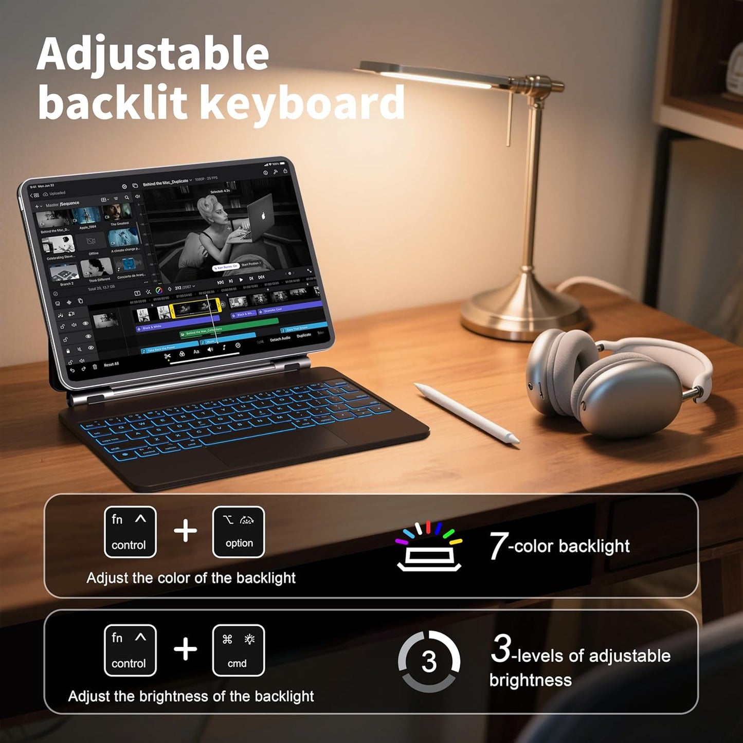 iPad Air 11 inch Case with Keyboard (M3 2025 / M2 2024) & iPad Pro 11 inch (4th/3rd/2nd/1st Gen), Magic Keyboard for 10.9" iPad Air (5th/4th Gen) with 7 Colors Backlight, Multi-Touch Trackpad