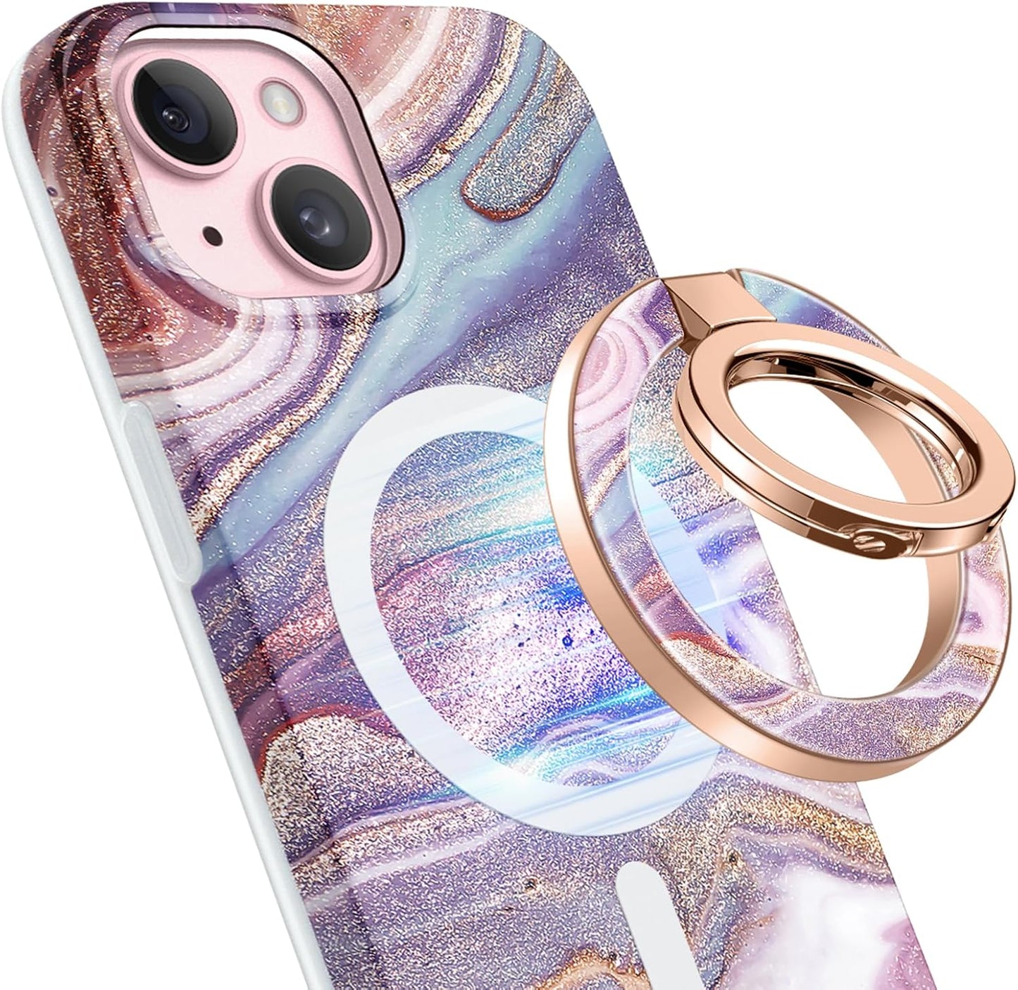 GVIEWIN Magnetic Phone Ring Holder, Compatible with MagSafe Phone Grip with Adjustable Stand, Magnet Phone Ring Kickstand for iPhone 16 Pro Max/Plus/15/14/13/12 Series/Other Phones (Flowing Sakura)