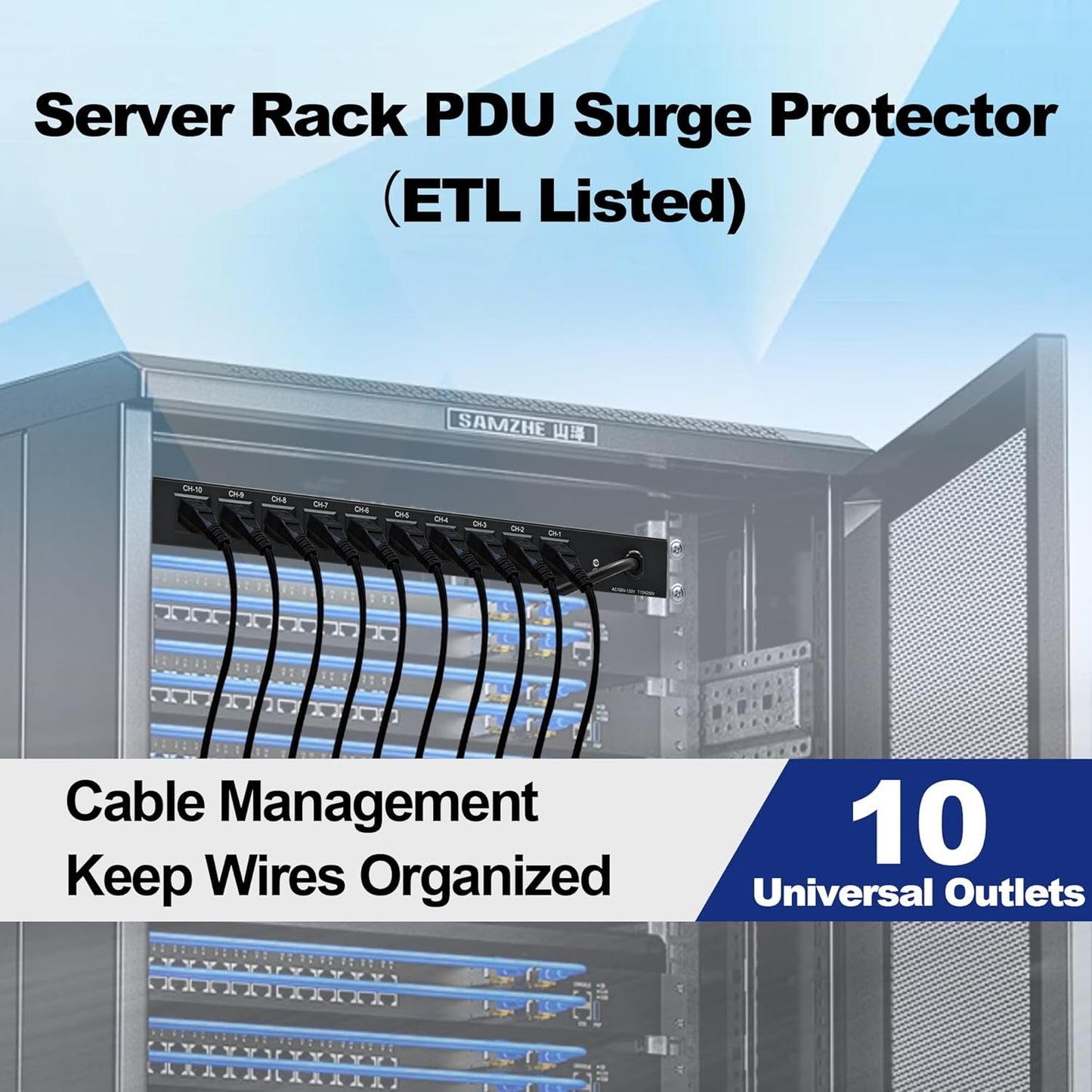 10-Outlet 1U Rack Mount Power Strip - Surge Protector, Features 10 Front Switches with LED Light - Ideal, w/ 6 ft Cord for Network Server Racks and Cabinets, by ThePoEstore