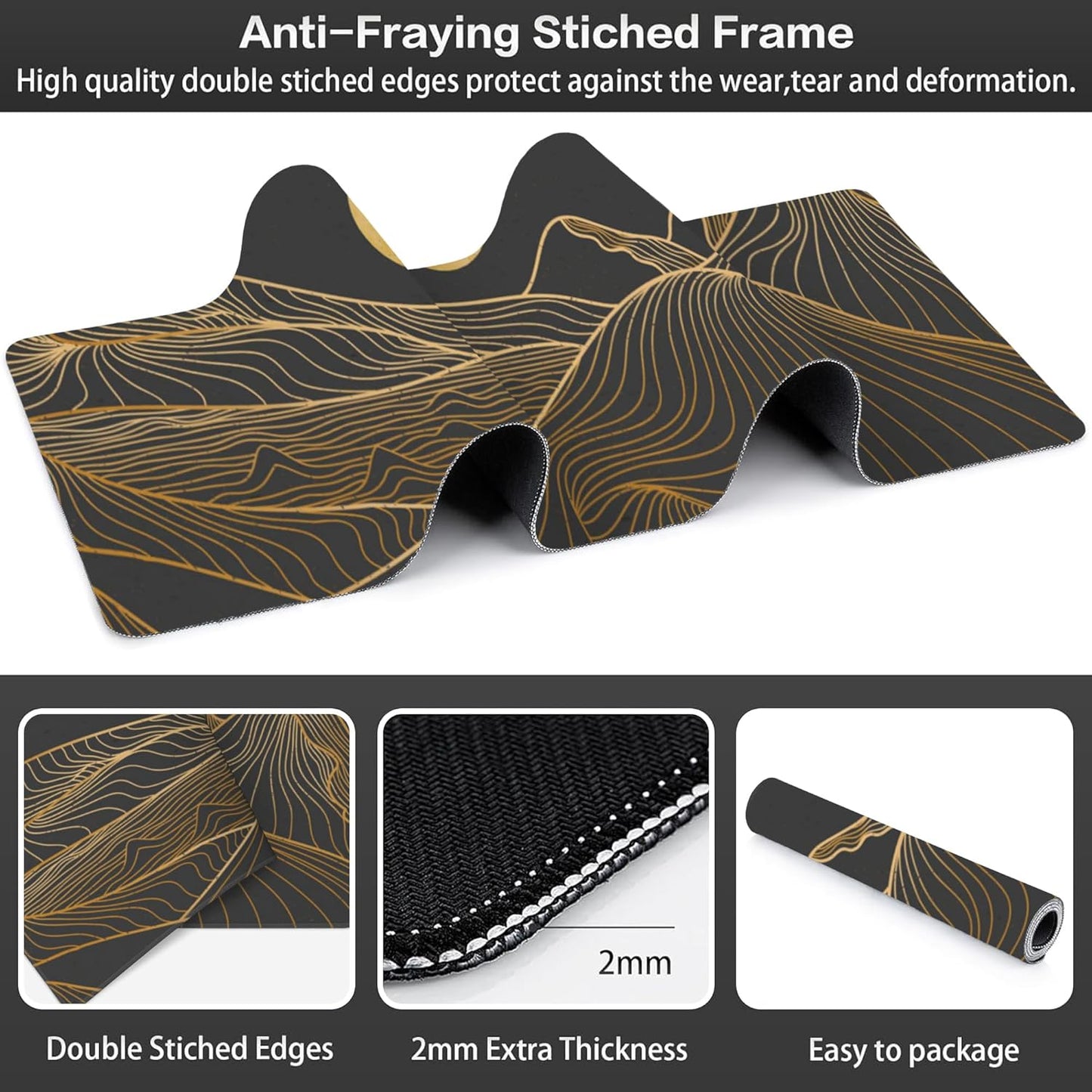 Abstract Golden Mountain Desk Mat,Large Gold Line Art Gaming Keyboard Mouse Pad,Non-Slip Rubber Base Desk Pad Thick Stitched Edges Waterproof Mousepad Mouse Mat 31.5"x11.8"