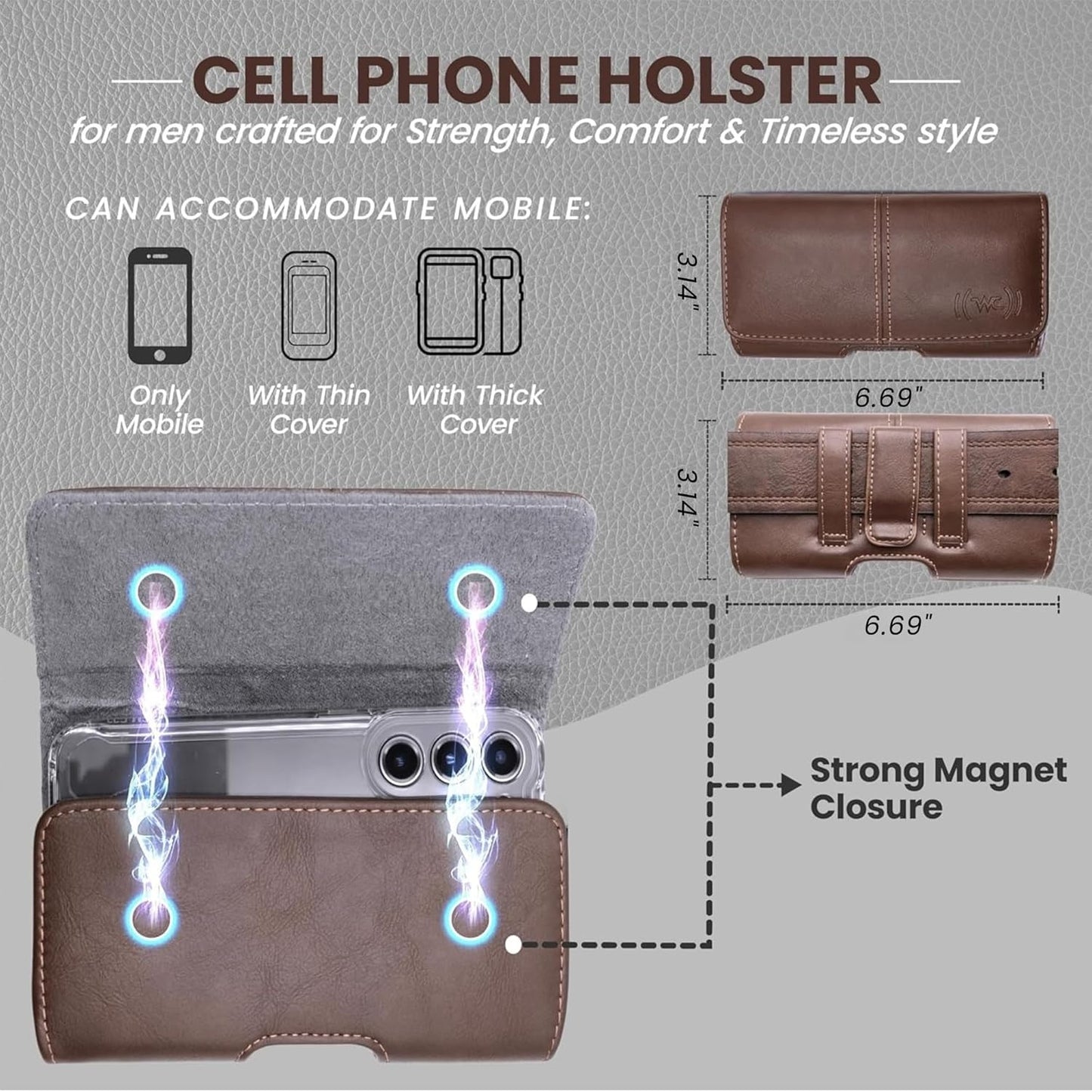 Leather Phone Holster for Men & Women, Horizontal Cell Phone Case -Fits iPhone Air 2025, 16/15/14 Plus/11 Pro Max, XS Max, Belt Clip/Loop Carrying Phone Pouch Holder, Brown Large.