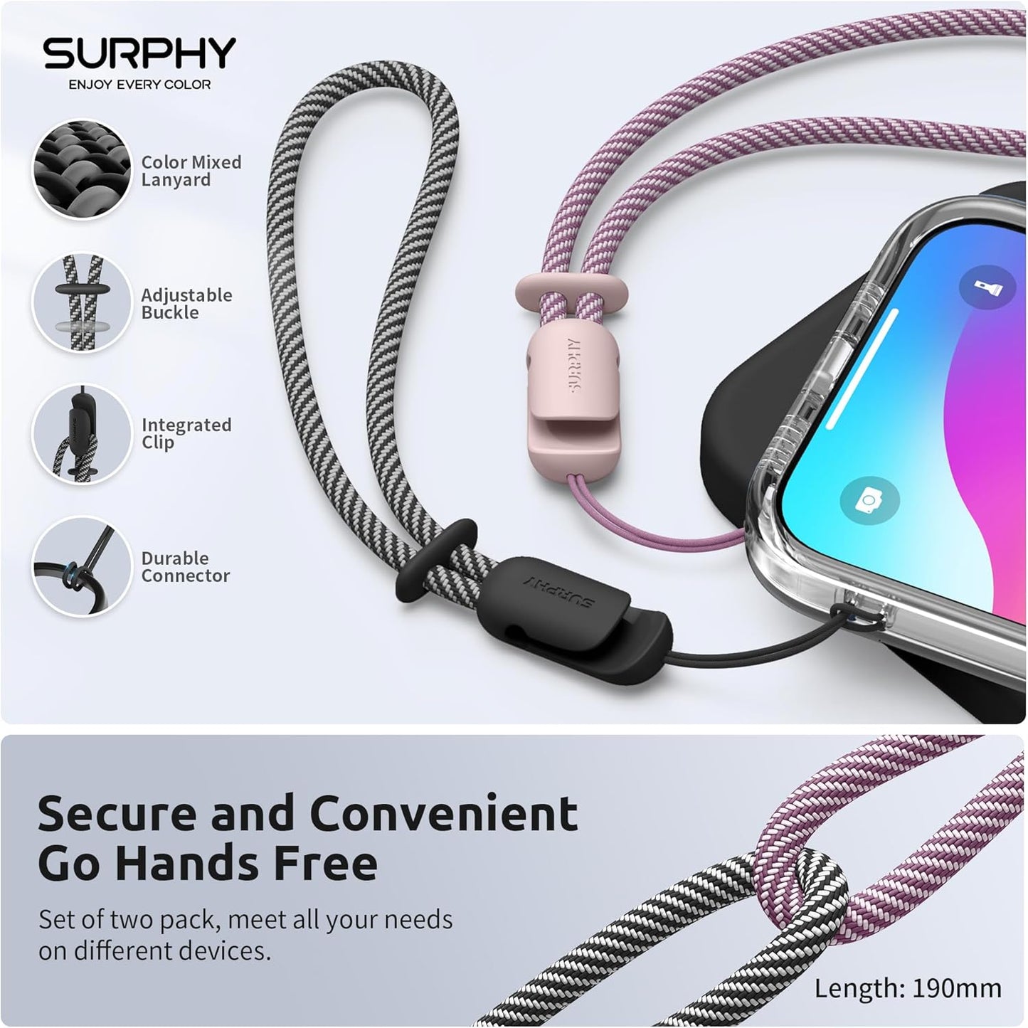 SURPHY 2 Pack Phone Lanyard for Cellphone Case, Phone Wrist Strap for Case, Cellphone Strap with 2-Color Braided, Charm Wrist Lanyard for Women and Men, Cellphone Wrist Lanyard for Women, Pink & Black