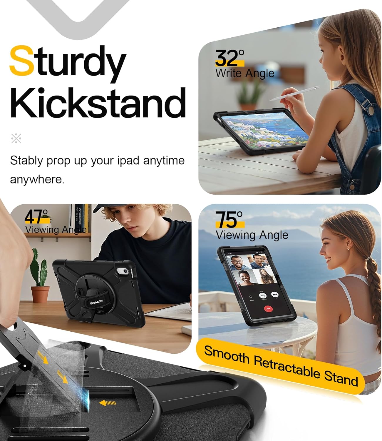 BRAECN for iPad (A16) 11th/10th Generation case 11/10.9 inch 2025/2022 Heavy Duty Shockproof Protective with Pencil Holder Screen Protector 360°Rotating Stand Handle & Shoulder Strap Full Body Cover