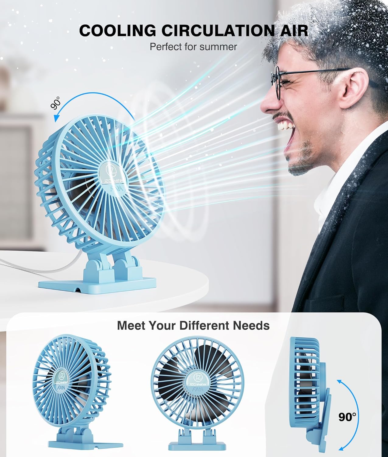 JZCreater USB Desk Fan, Portable Fan Mini, 3 Speeds Desktop Table Cooling, Plug in Power, Rotation Strong Wind, Quiet Personal Small Fan for Home Desktop Office Travel Bedroom, Sky Blue