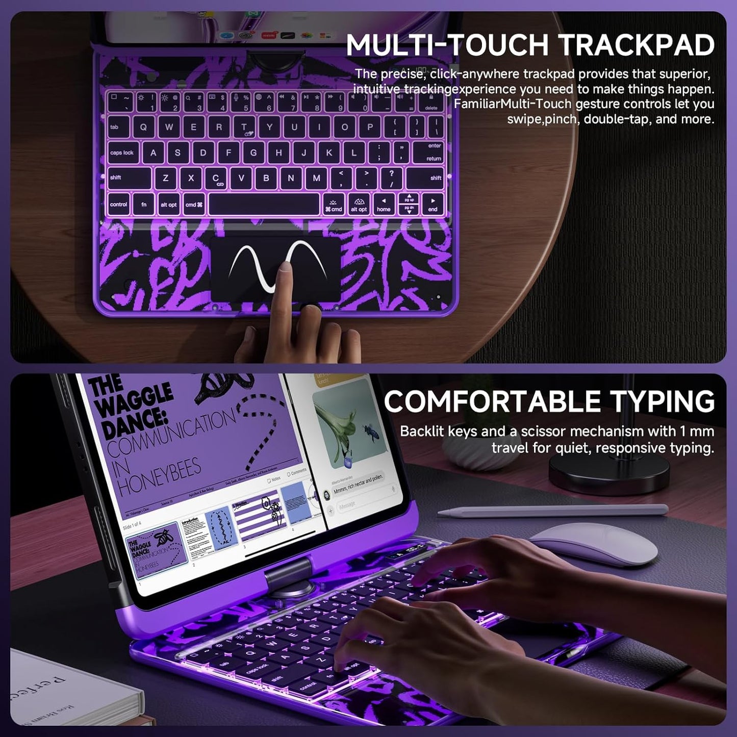 Transparent Case with Keyboard for iPad 11th Gen 11 Inch.(A16, 2025) & 2022 iPad 10th Gen 10.9 Inch,7-Color Backlit,Wireless Keyboard, 360°Rotating,with trackpad,Pencil Holder,with Shortcuts,Purple