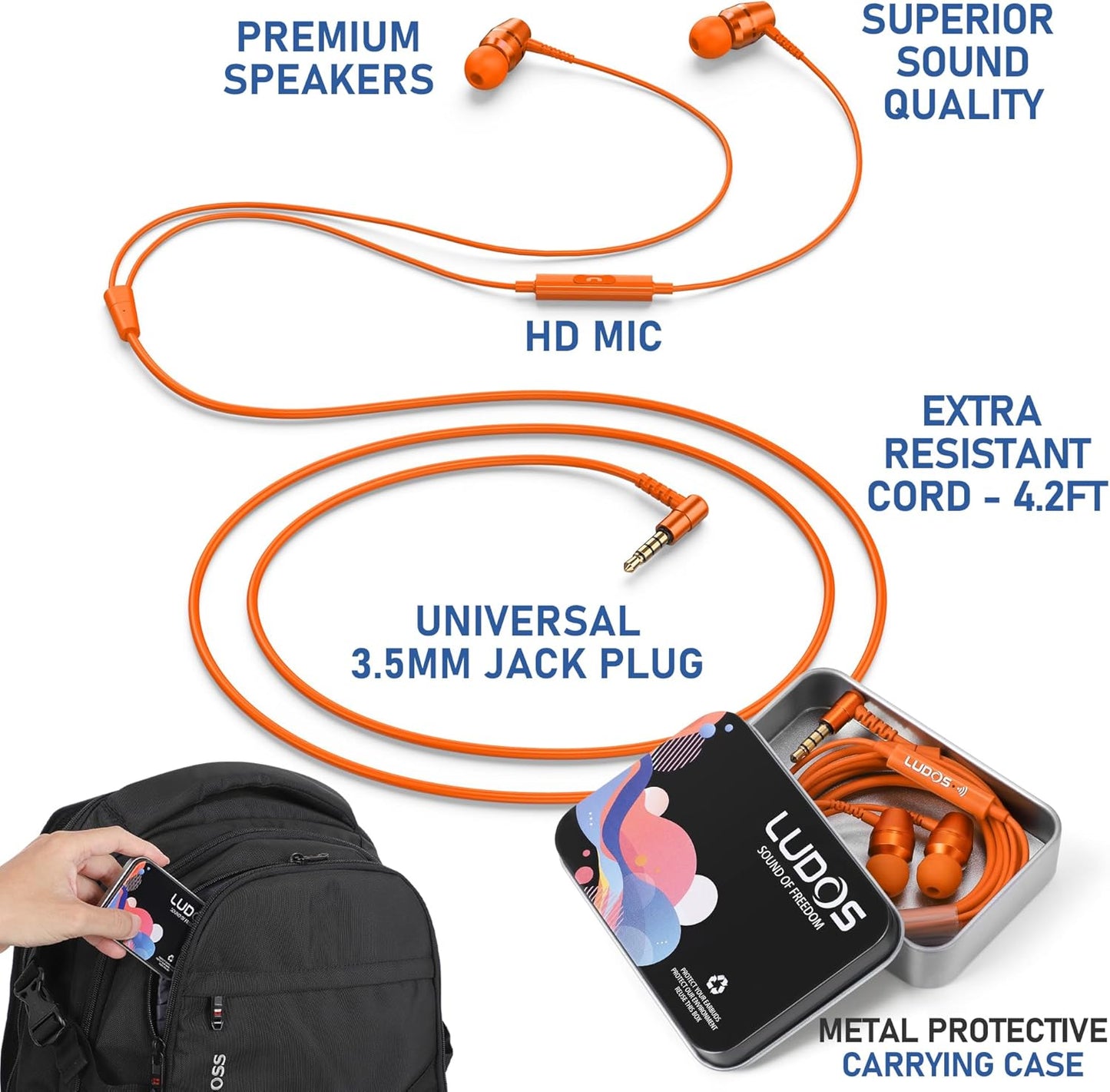 LUDOS OMNITONE Wired Earbuds in-Ear Headphones, 5 Years Warranty, Earphones with Microphone, 3.5 mm Jack Corded Ear Buds, Videoconference for iPhone, Samsung, Laptop, Kids, School Students - Orange