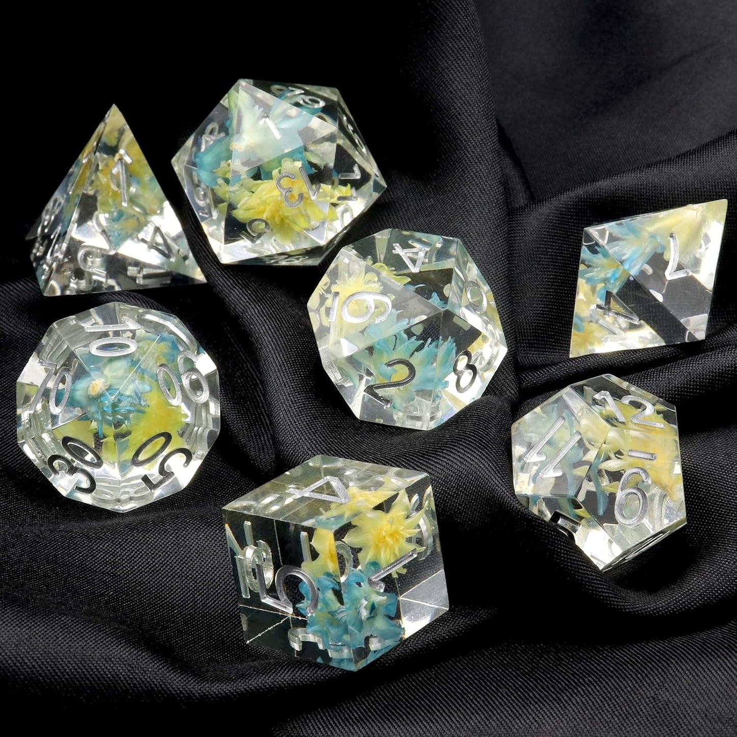 Haxtec Flower DND Dice Set Sharp Edge Dice with Dice Case Handmade Blue Yellow Resin D&D Dice Set for TTRPGs Compatible with Dungeons and Dragons Gifts
