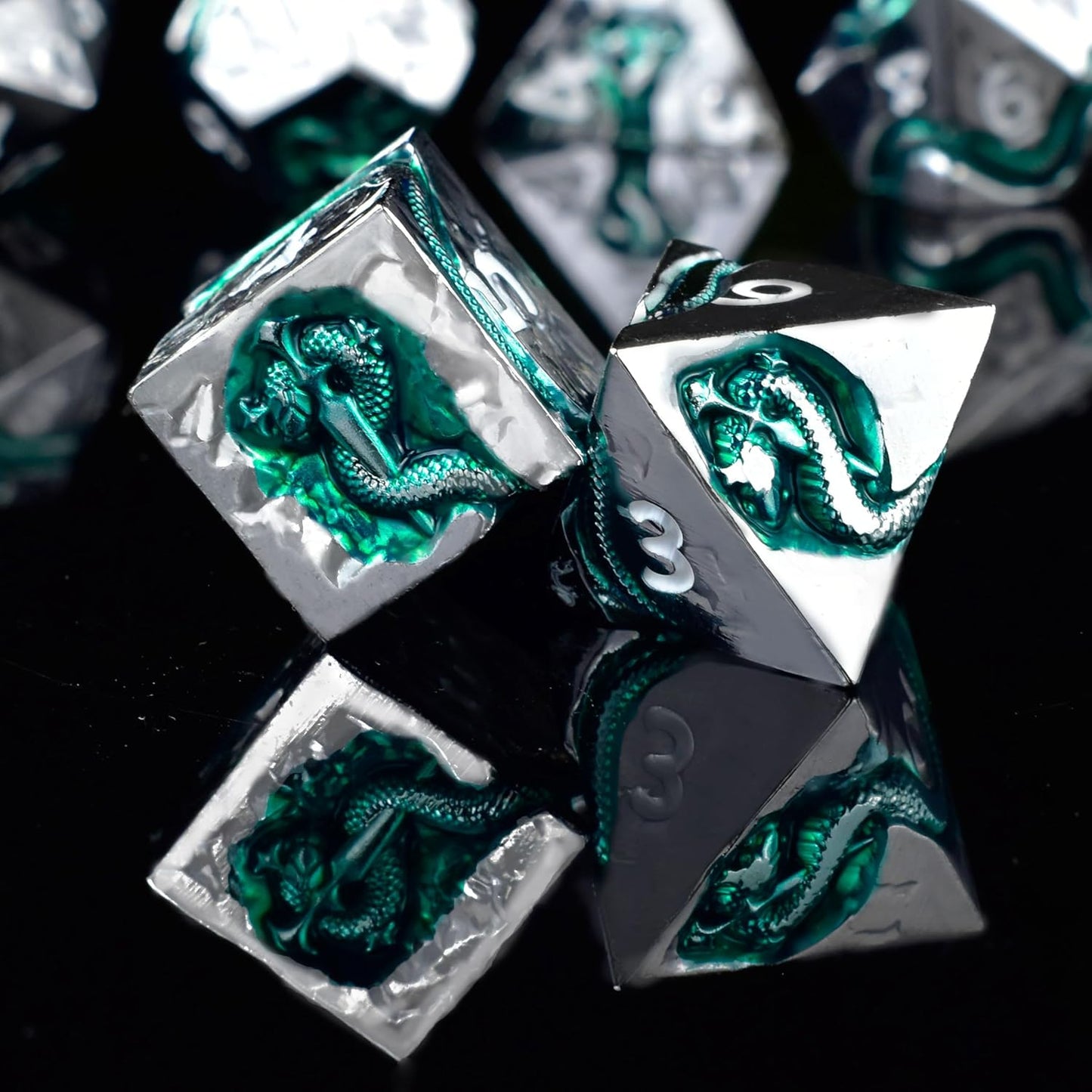 RULE DICE Serpent's Cunning Metal DND Dice Set - 7pc Polyhedral D&D Dice for Dungeons and Dragons, RPGs Like Pathfinder - Emerald Green Snake Design, Balanced for Critical Rolls