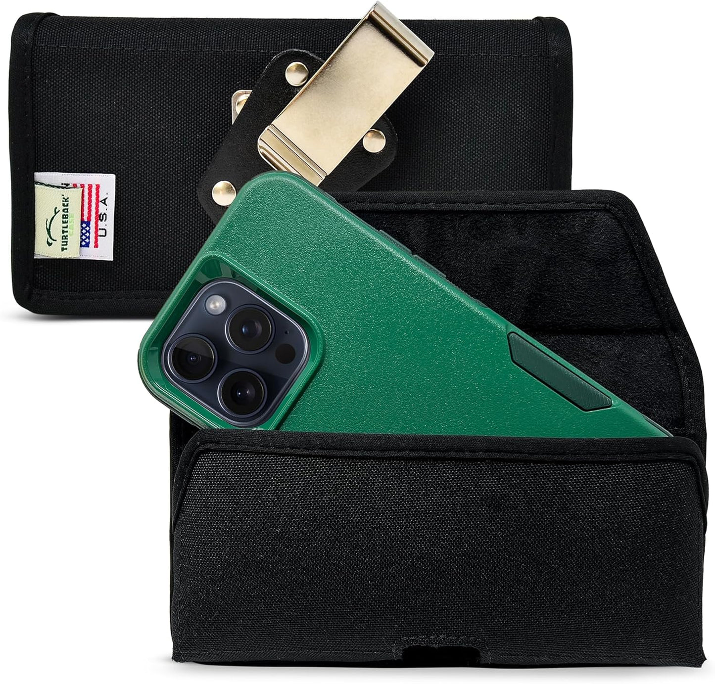 Turtleback Belt Clip for iPhone 16 Pro Max, 15 Pro Max, 14 Pro Max -Medium- Fits w/Shockproof Commuter Style Cases, Premium Black Nylon, Horizontal Belt Holder Magnetic Closure HD Rotating Clip