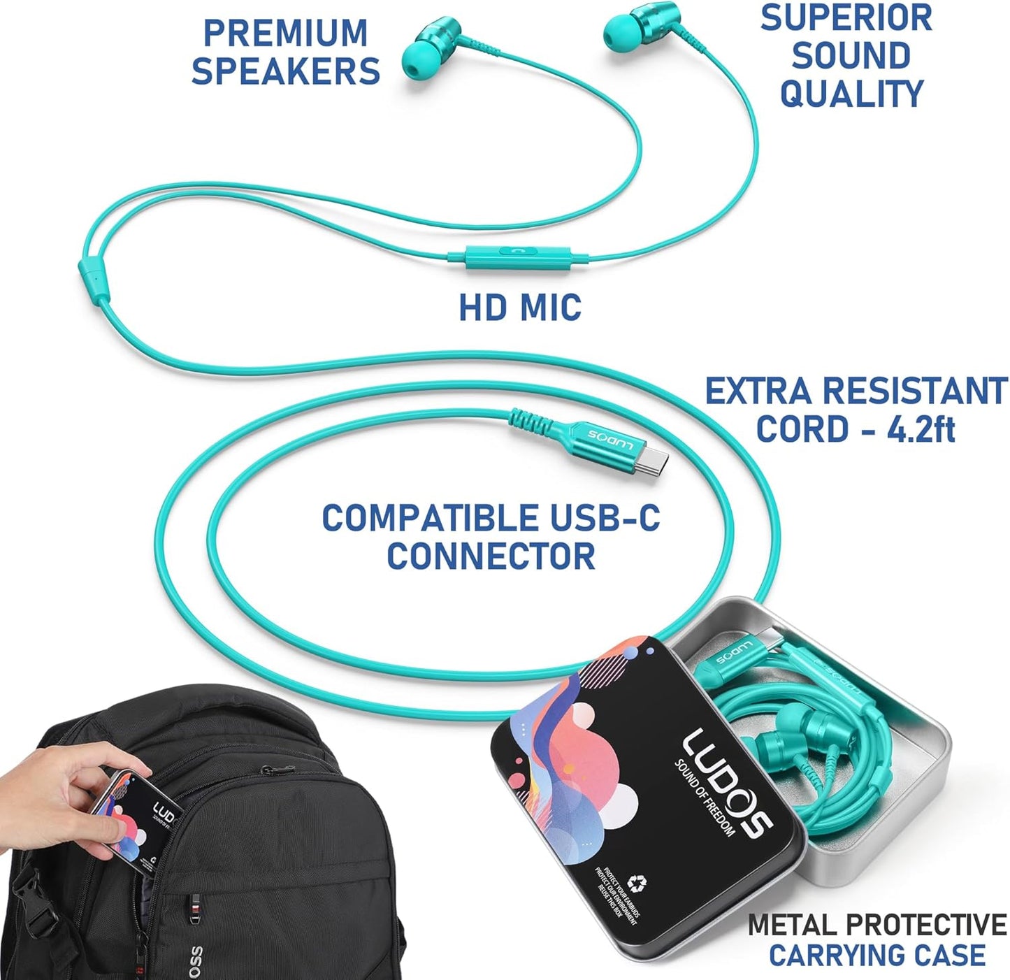 LUDOS OMNITONE USB C Headphones for iPhone 16 15 Pro Max Plus iPad Pro, 5 Years Warranty, USB-C Earbuds for Samsung Galaxy S24 S23 S22 S21 S20 A55 A54 A53, USB Type C Earphones - Turquoise