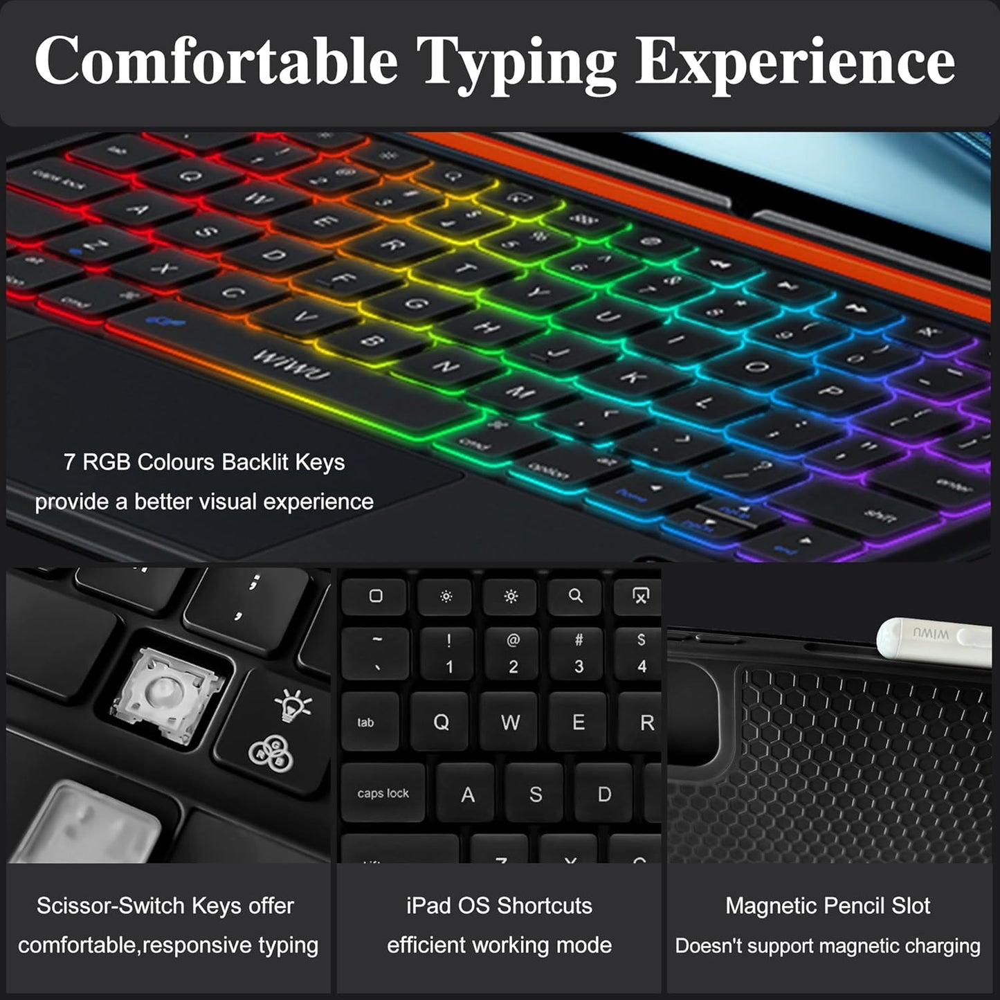 WIWU for iPad Keyboard Case 11 Inch A16 11th /10th Gen 3 in 1 Magnetic Detachable Case Keyboard Adjustable Stand Backlit Keys with Touchpad (Black, for iPad 11/10/Air 5/4/11"(M2/M3) Pro 11" 4/3/2/1)