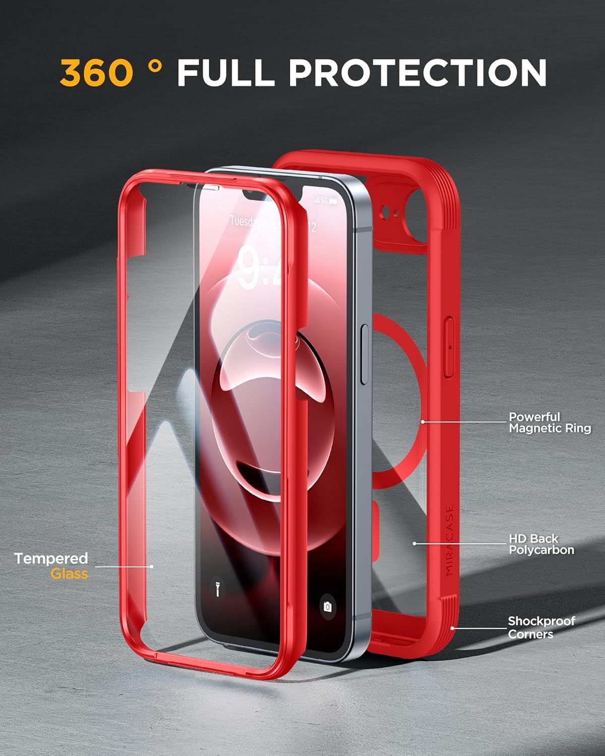 Miracase Magnetic for iPhone 16e Case Full-Body Phone with Built-in Glass Screen Protector, [Compatible with MagSafe] Military Drop Proof 16E Cover Bumper 6.1 inch, Red