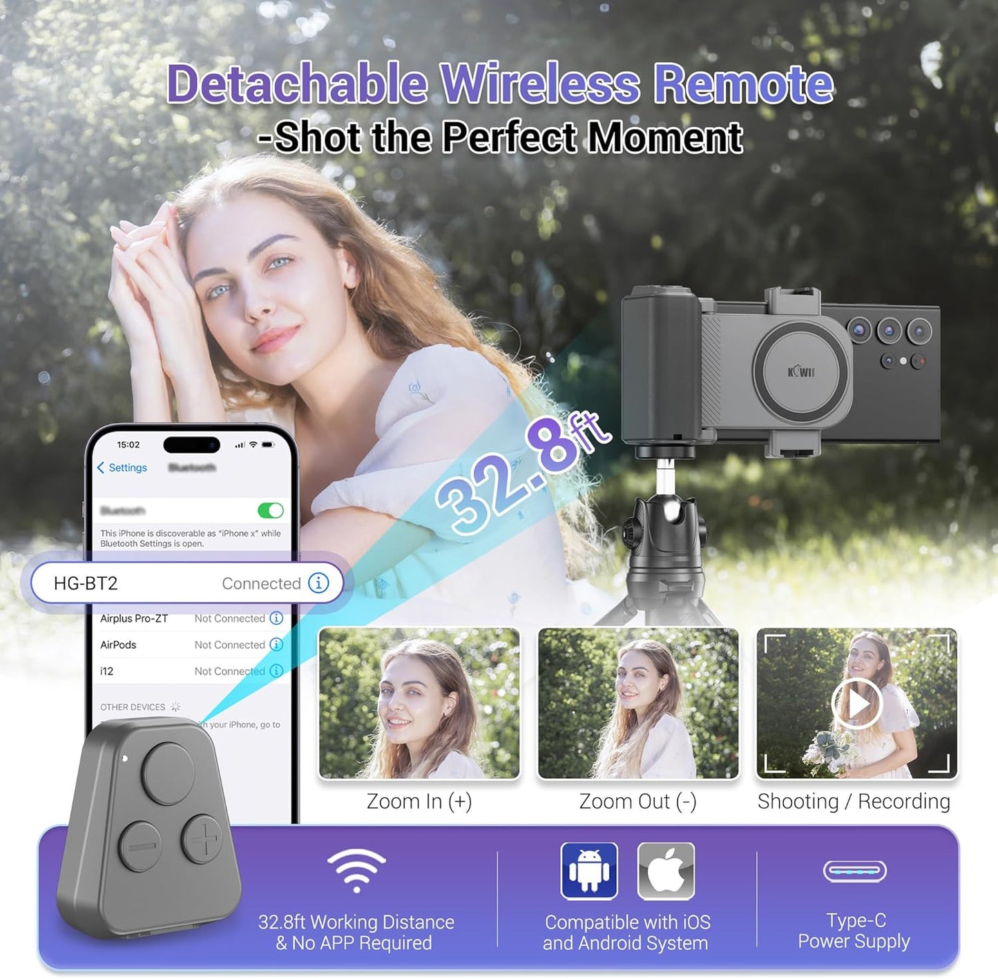 KIWIFOTOS Universal Phone Camera Grip Phone Tripod Mount with Remote Control & Cold Shoe Adapter for iPhone 16 15 Pro Max Samsung S24 S23 S25 Camera Holder Selfie Vlog Video Shooting (Gray)