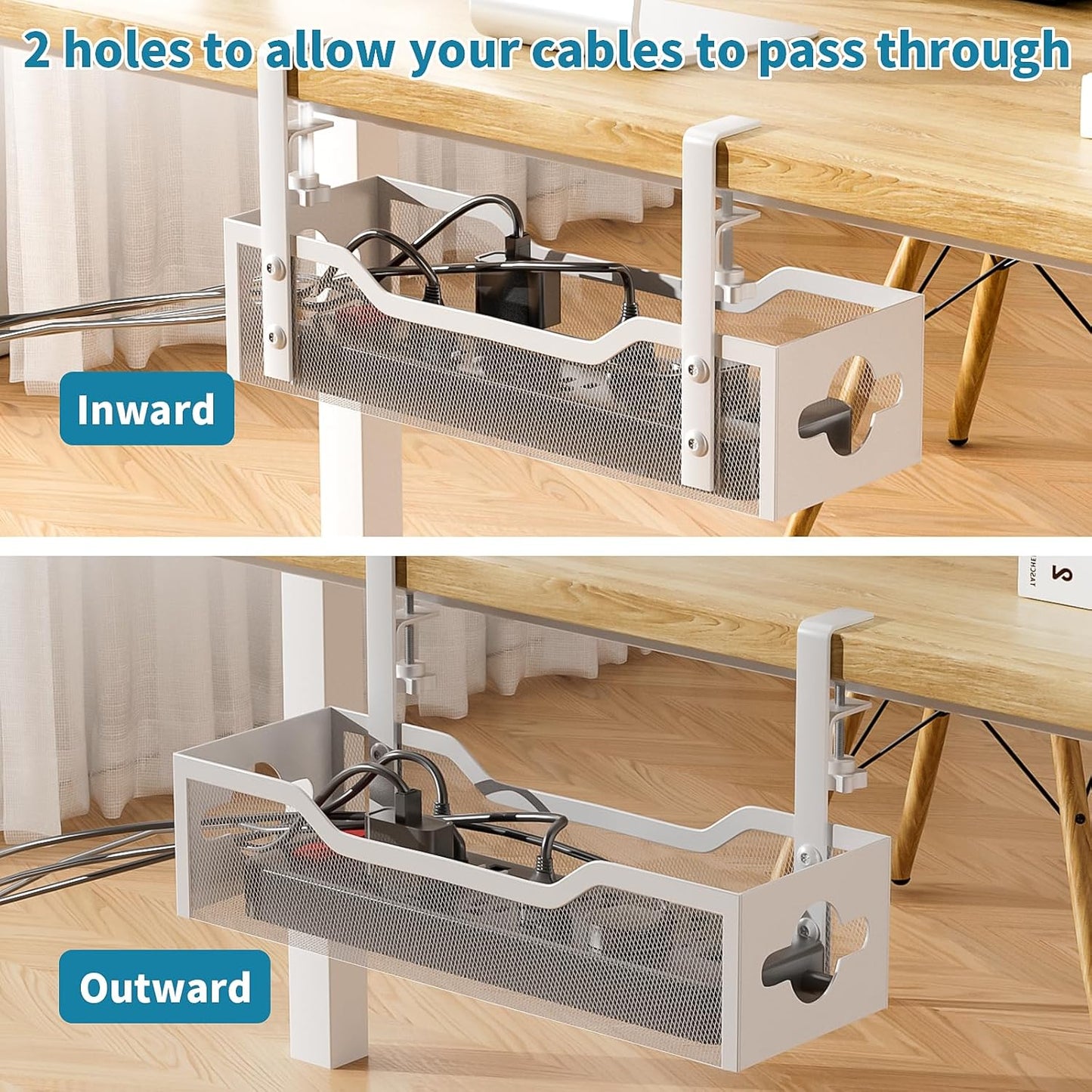 Under Desk Cable Management Tray White, Litwaro Cable Management Under Desk No Drill, Cable Organizer with Clamp for Wire Management, Cord Organizer for Office, Home No Damage to Desk