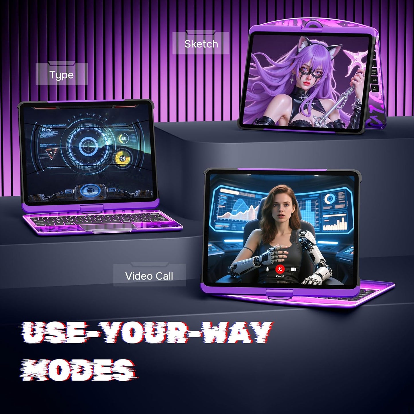 KITONE Transparent Case with Wireless Keyboard only for 2024 iPad Pro 11-in.(M4), 7 Colors Backlight, Trackpad, 360°Rotating Stand for iPad Pro 11(5th Gen), Tech Style