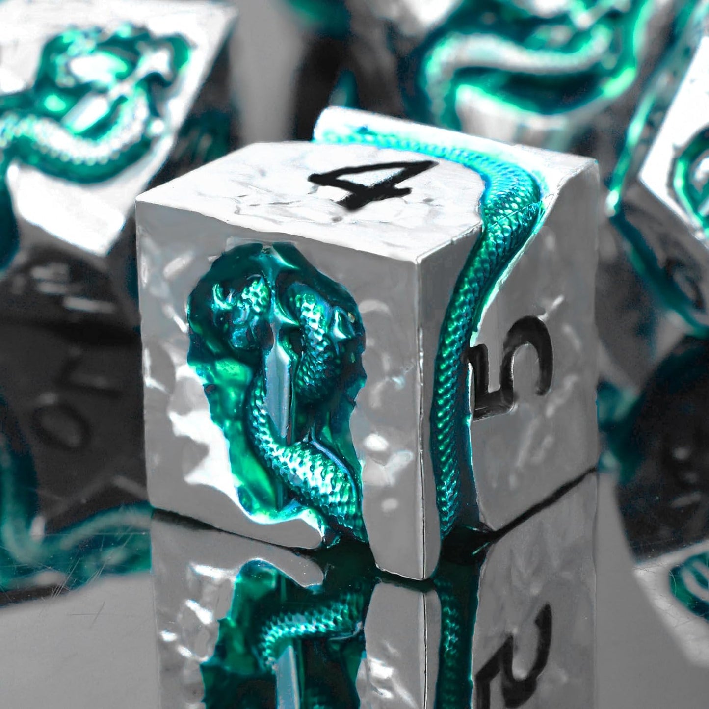 RULE DICE Metal DND Dice Set for Dungeons and Dragons - Polyhedral D&D Dice Set with Green Serpent Design - Balanced D&D Dice for RPGs, TTRPGs - Heavy Duty Zinc Alloy Construction 7 Dice Set