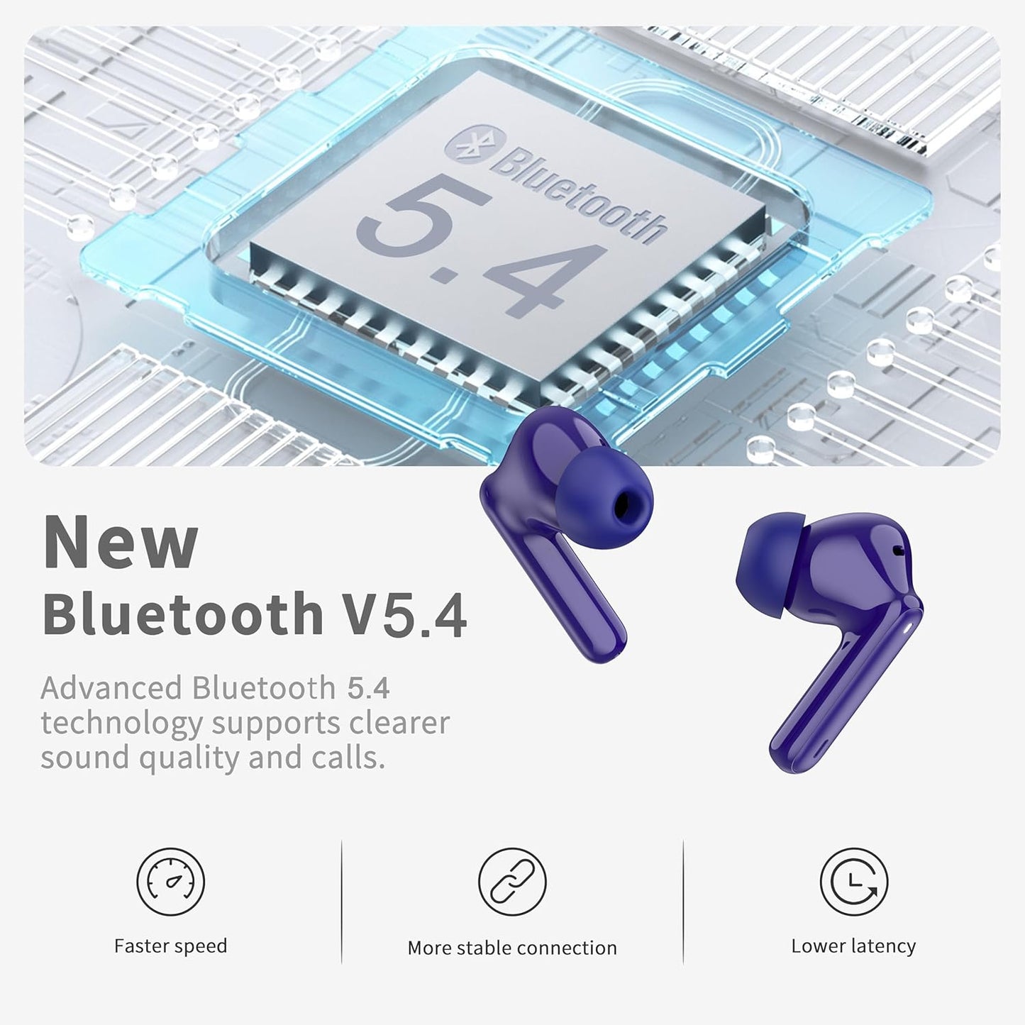 Wireless Earbuds, Bluetooth 5.4 Headphones in Ear with HiFi Stereo Deep Bass, 4 ENC Noise Cancelling Mic Wireless Earphones 40H, in-Ear Earbud Bluetooth Dual LED Display IP7 Waterproof, Pure-Blue