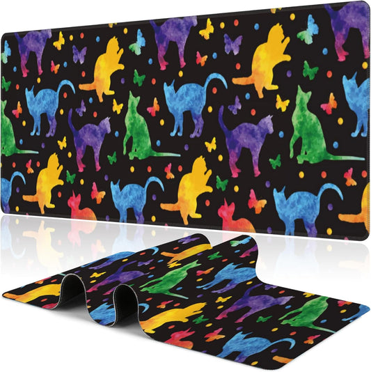 Colorful Cats and Butterflies Desk Mat,Large Watercolor Kittens Butterfly Gaming Keyboard Mouse Pad,Non-Slip Rubber Base Desk Pad Thick Stitched Edges Waterproof Mousepad Mouse Mat 31.5"x11.8"