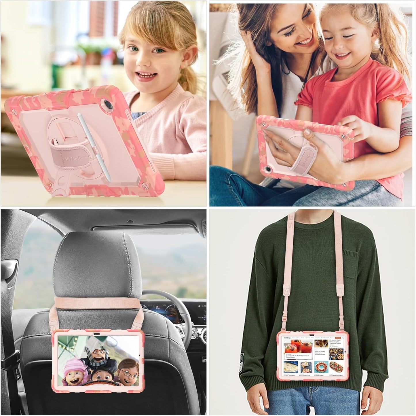 SEYMAC stock Case for Samsung Galaxy Tab A9+ Plus 11'', Full-Body Drop Protection Case with Screen Protector Pencil Holder [360° Rotating Hand Strap] &Stand, Pink Camo