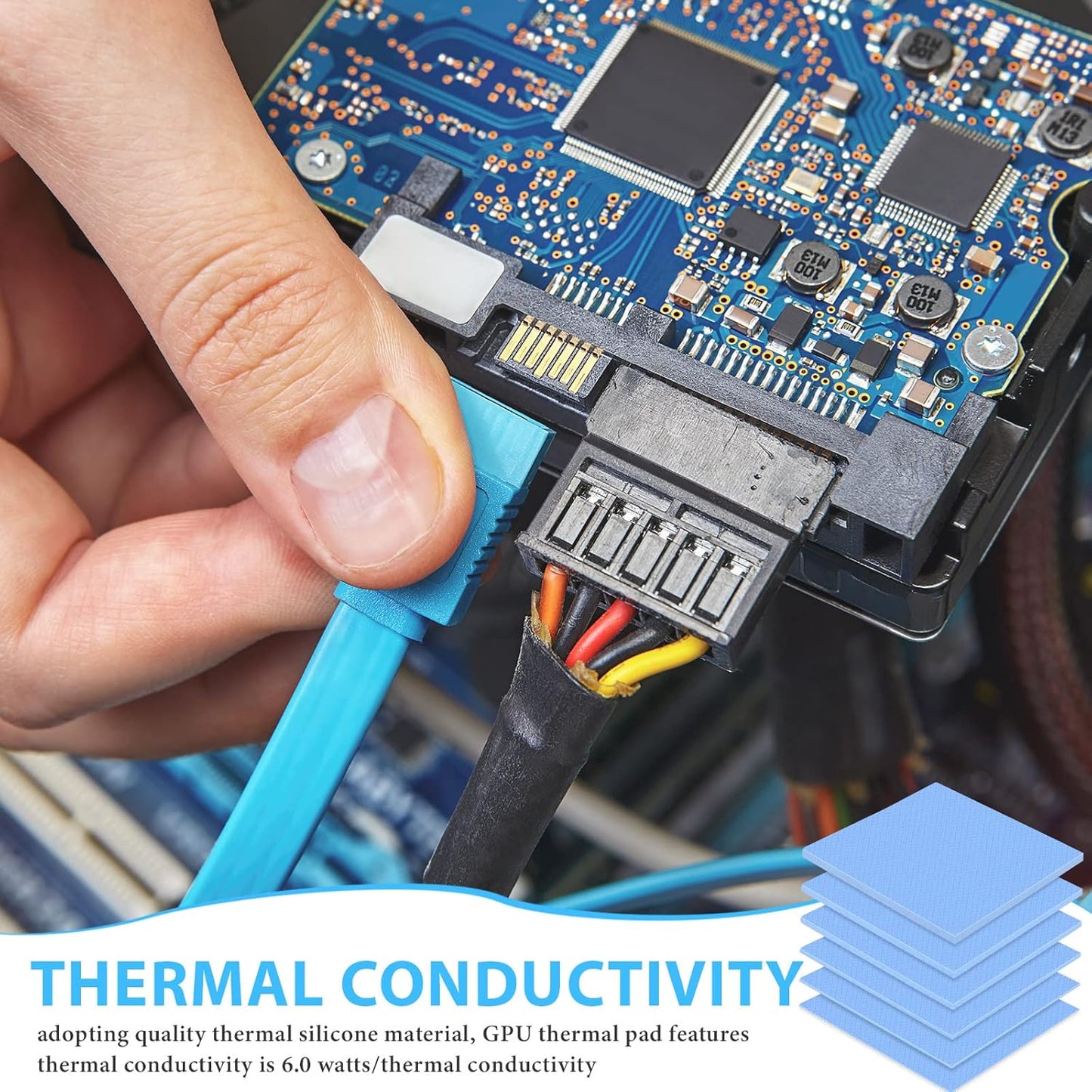 Frienda 6 Pcs Thermal Pad 100 x 100 mm, 0.5 mm, 1 mm, 1.5 mm, 2 mm, 2.5 mm, 3 mm Heat Resistant Conductive Silicone Thermal Pads Conductivity 6.0 W/M for Laptop Heatsink CPU GPU LED Cooler(Blue)