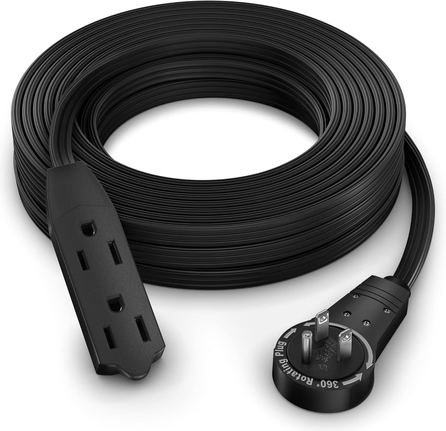Maximm Cable 25 Ft 360° Rotating Flat Plug Extension Cord/Wire, 16 AWG Multi 3 Outlet Extension Wire, 3 Prong Grounded Wire - Black - UL Certified