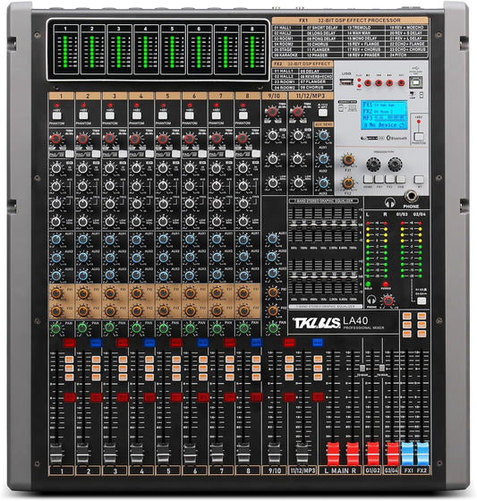 Professional Audio Mixer, 12 Channel Sound Board Mixing Console, Dual DSP Reverb Studio Mixer Board, Dual 7-Band EQ, 48V Phantom Power, 4 Group Stereo Output Input, PAD