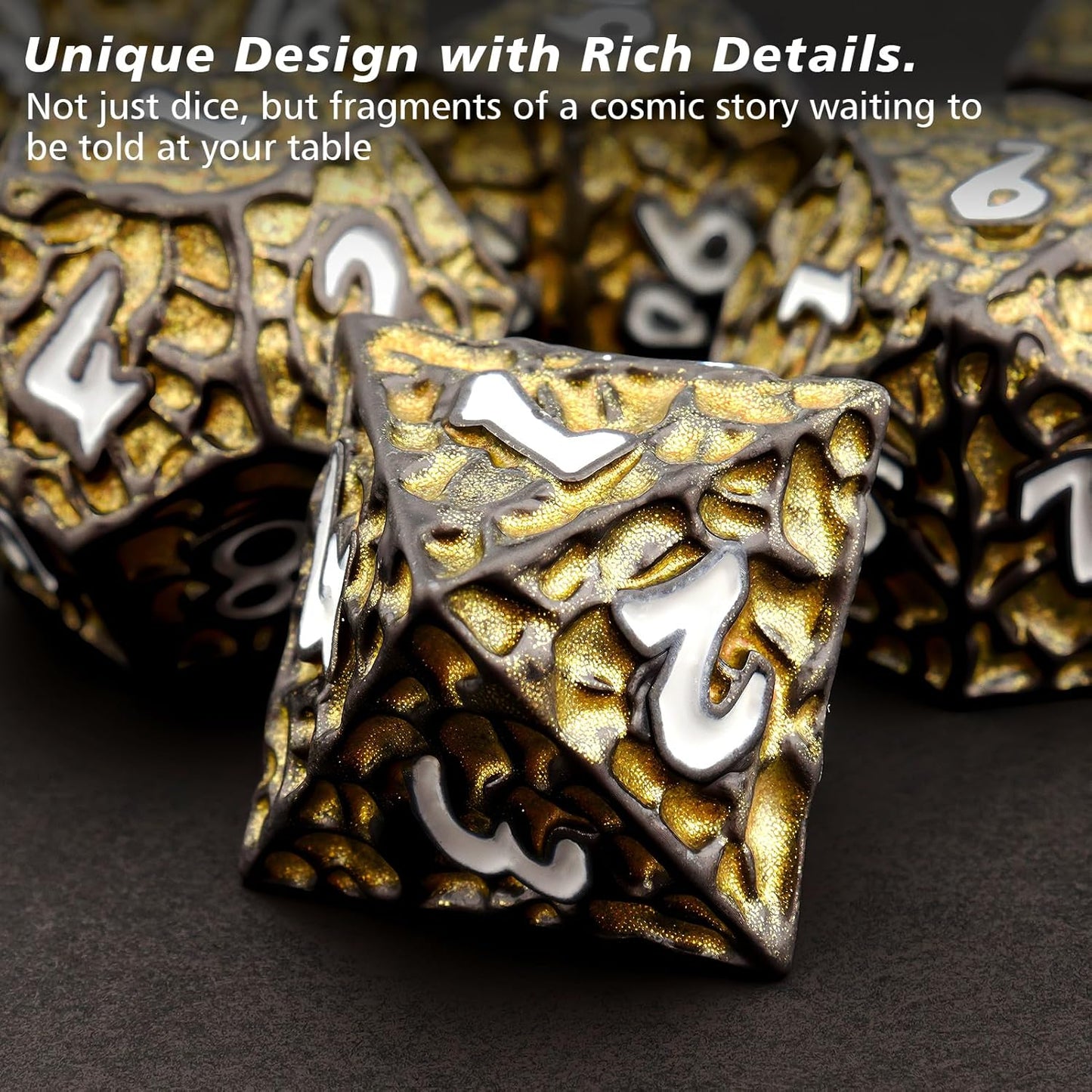 PJOY Metal D&D Dice Set for Dungeons and Dragons Dice with Case Meteorite Black Gold Glitters 7PCS 16mm Role Playing Cool DND Gifts for Players DM Board Game Masters