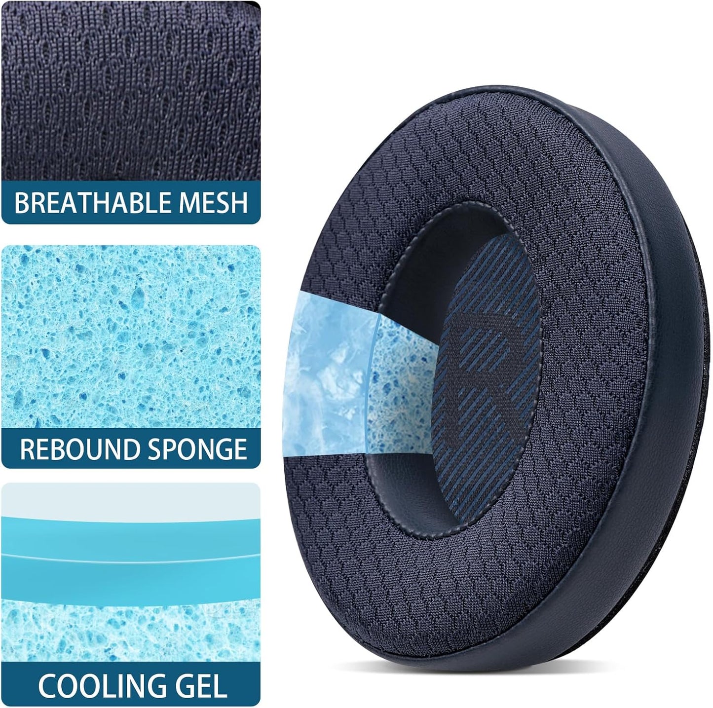 Cooling Gel Headphones Replacement Ear Pads for Bose Quiet Comfort QC35, Mesh Soccer Net Fabric Breathable Sports Fabric, Extra Thick & Cooler for Longer, Softer Memory Foam - Blue